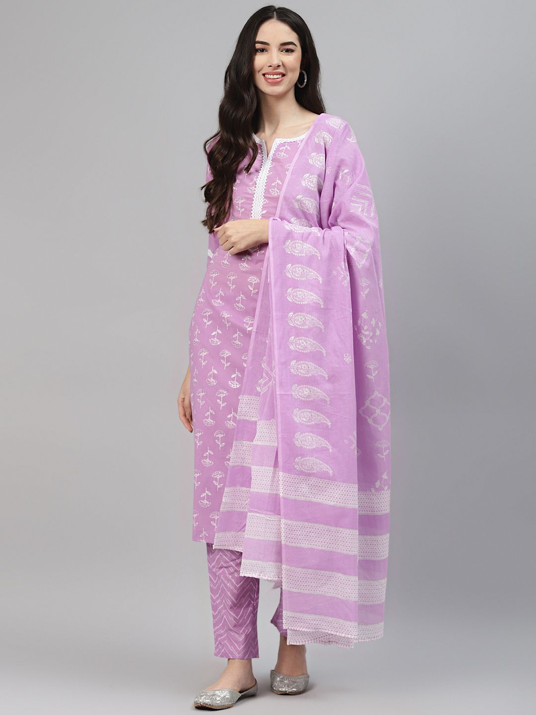 Ginni Arora Label Women Purple Printed Regular Pure Cotton Kurta with Trousers & With Dupatta Price in India