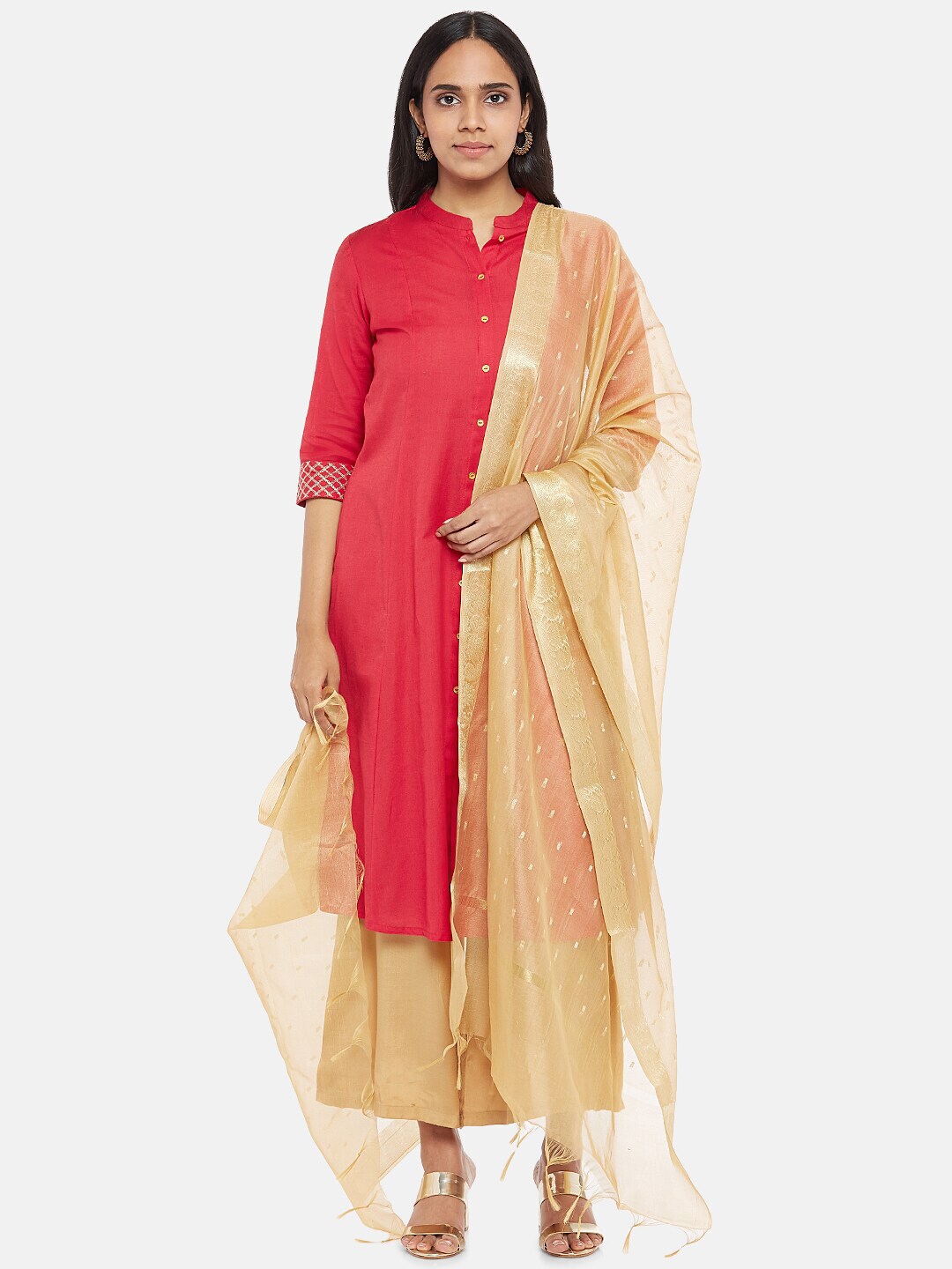 RANGMANCH BY PANTALOONS Gold-Toned Ethnic Motifs Woven Design Pure Silk Dupatta Price in India