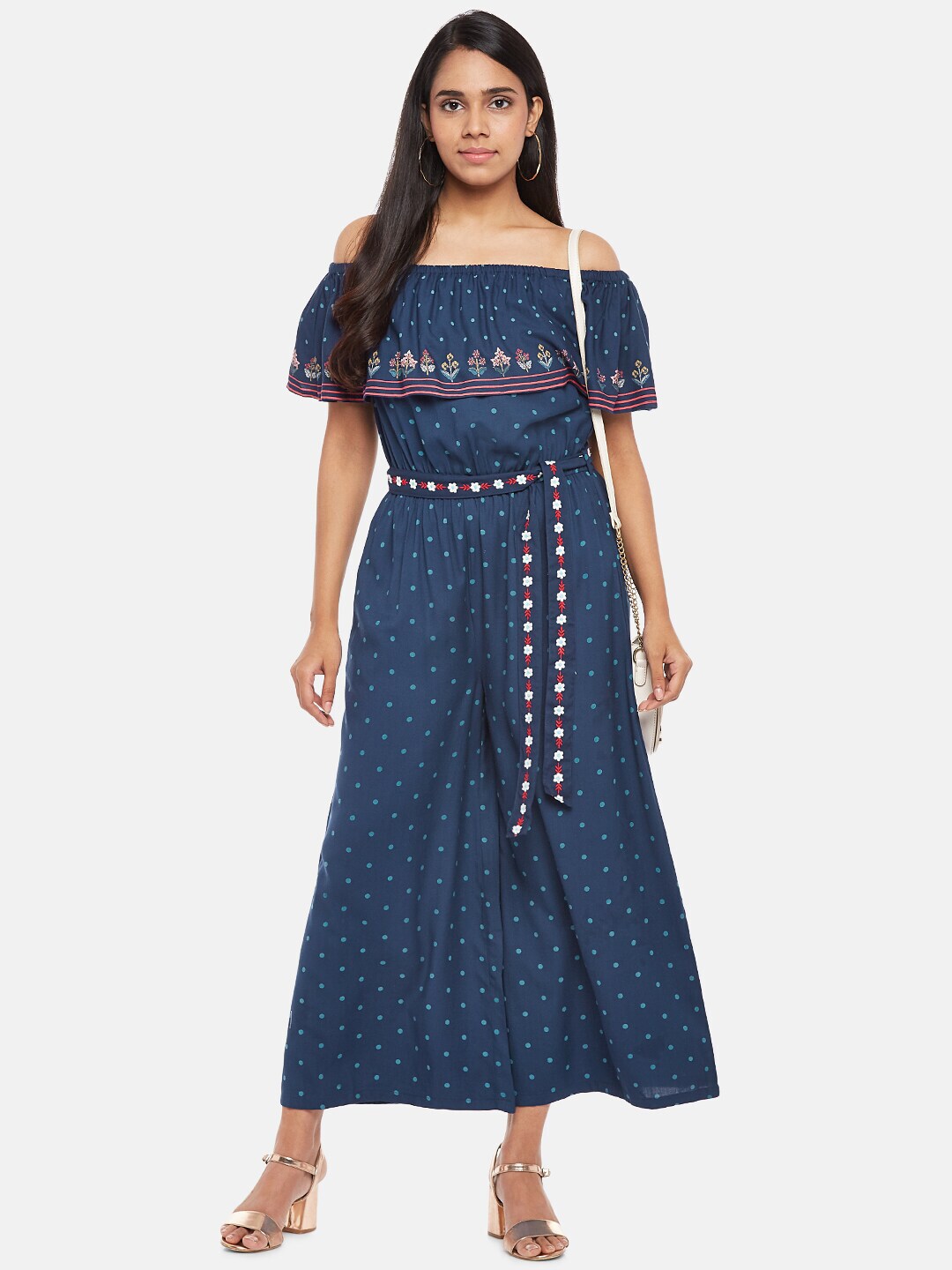 People Blue & White Off-Shoulder Printed Basic Jumpsuit Price in India