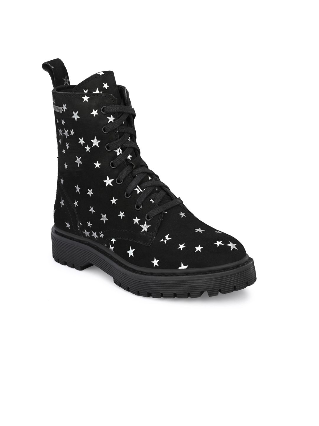 Delize Black Printed Suede Party High-Top Block Heeled Boots Price in India