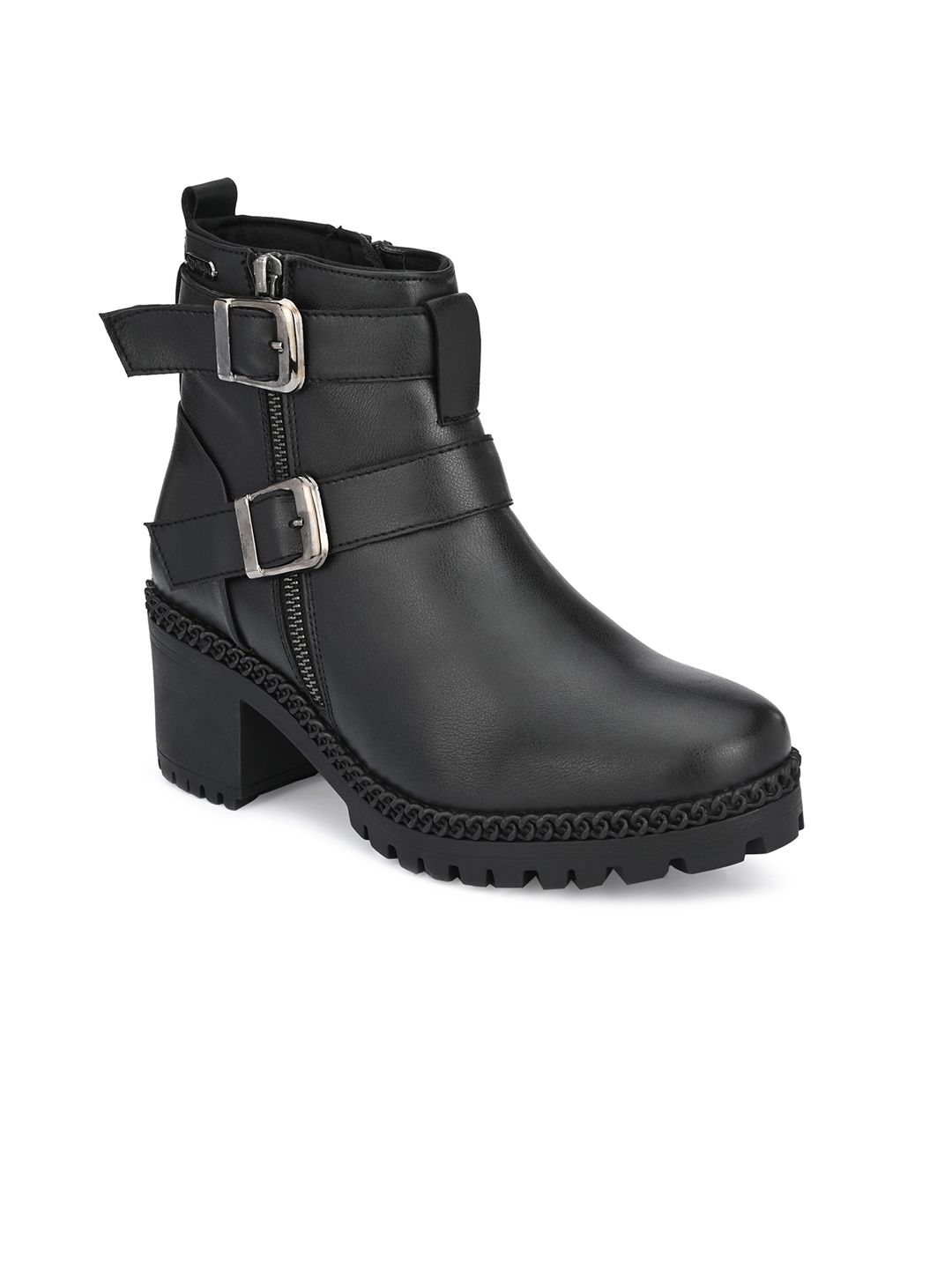 Delize Black Block Heeled Boots with Buckles Price in India