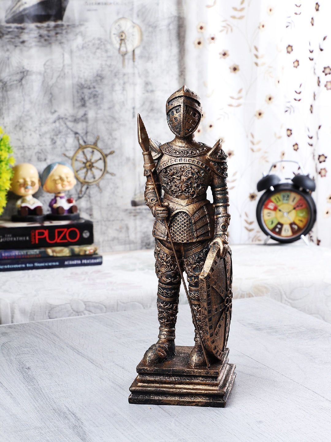 EXIM DECOR Gold-Toned Polyresin Armour With Spear Military Decor Showpiece Price in India