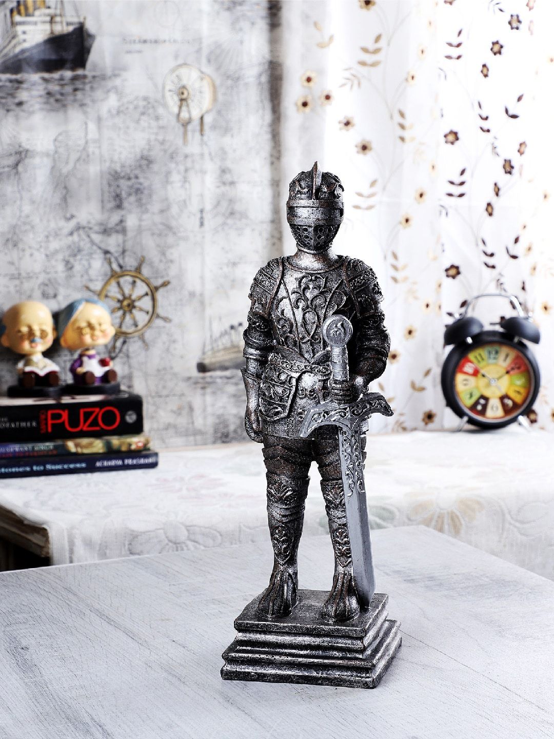 EXIM DECOR Silver-Toned Armour with Sword Military Man Miniature Showpiece Price in India