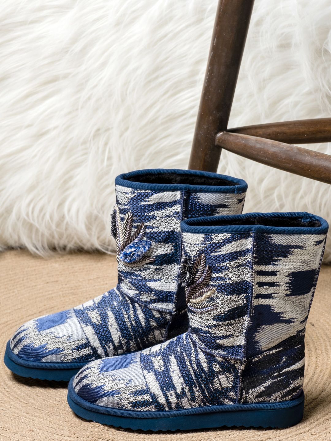 Saint G Women Blue Hand Embroidered Italian Fabric Snug Boots Price in India
