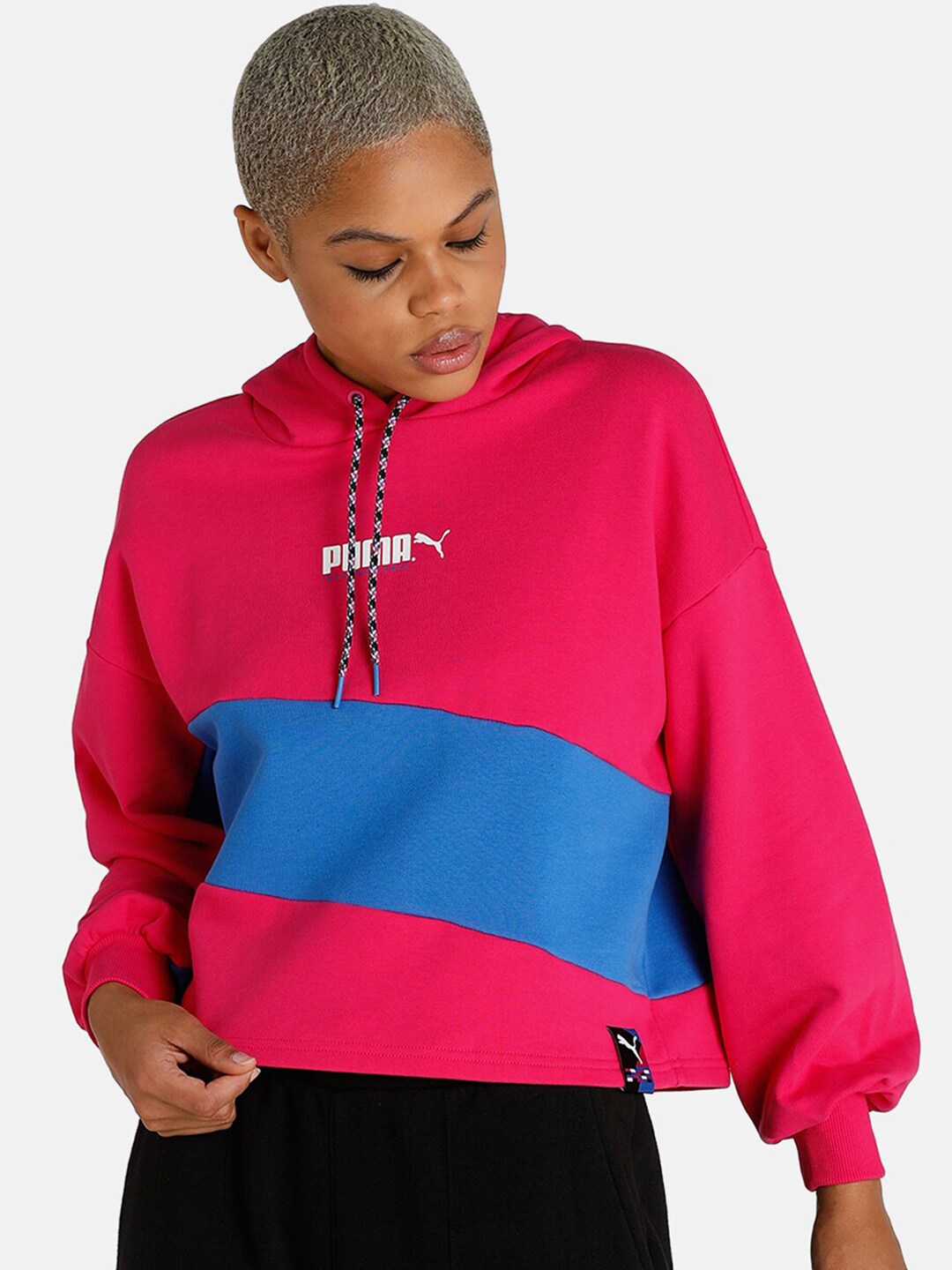 Puma Women Pink Colourblocked Loose Hooded Sweatshirt Price in India