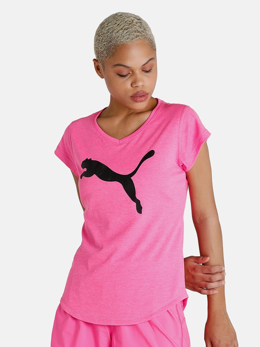 Puma Women Pink & Black Brand Logo Printed T-shirt Price in India
