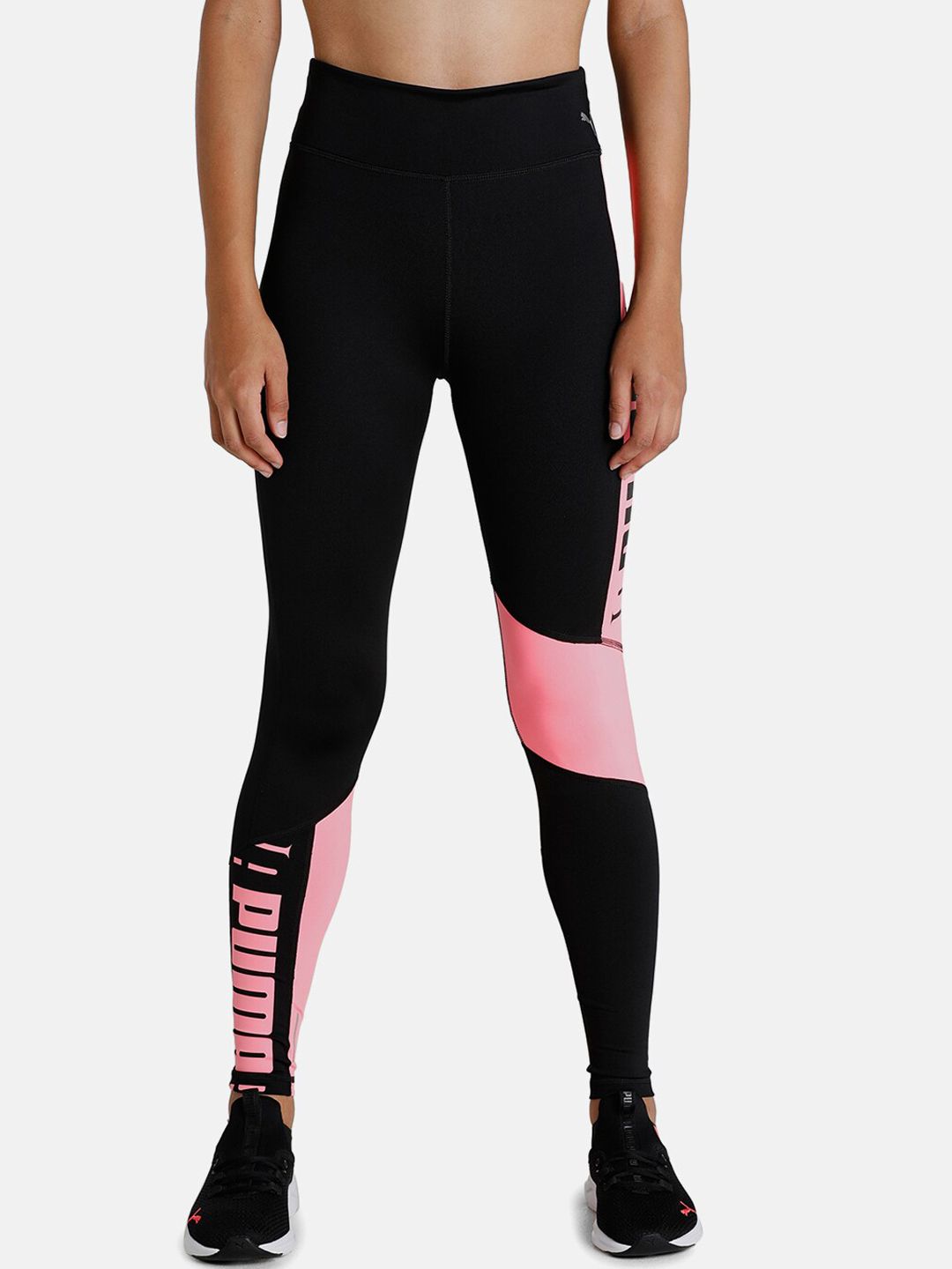 Puma Women Black & Peach Brand Logo Printed High Waist Training Tights Price in India