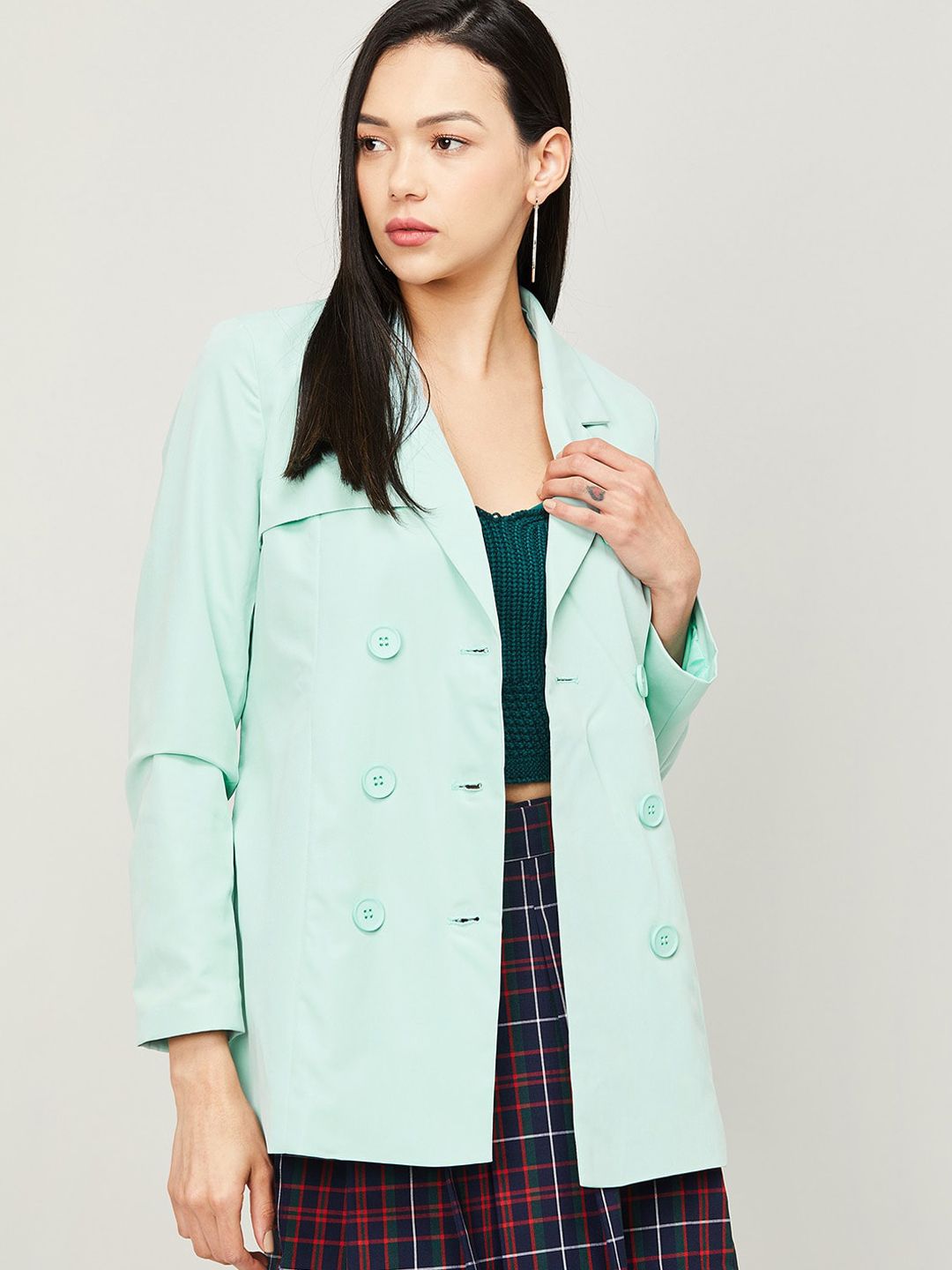 Bossini Women Green Washed Longline Tailored Jacket Price in India