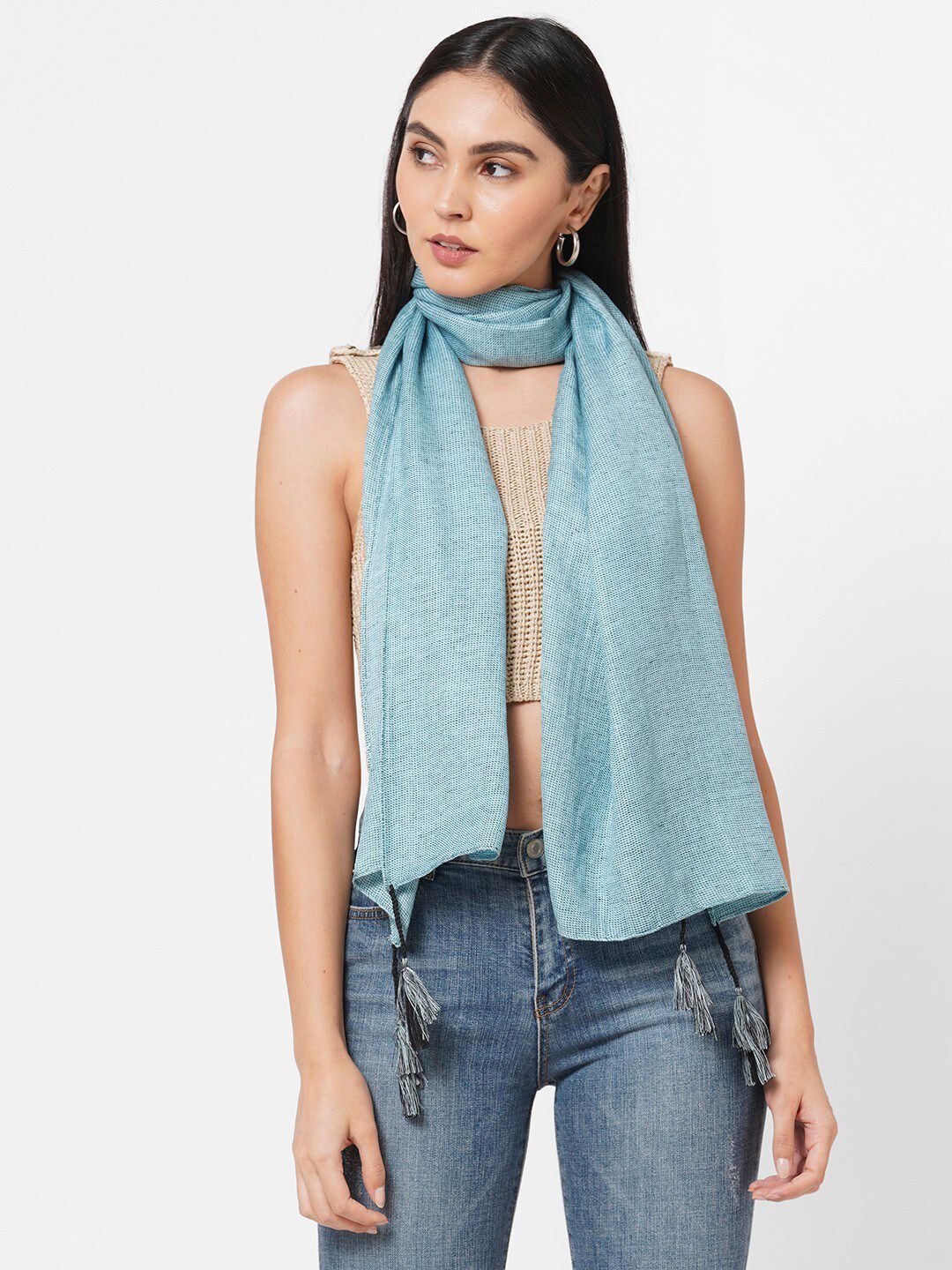 Get Wrapped Women Blue Scarf with Tassels Price in India