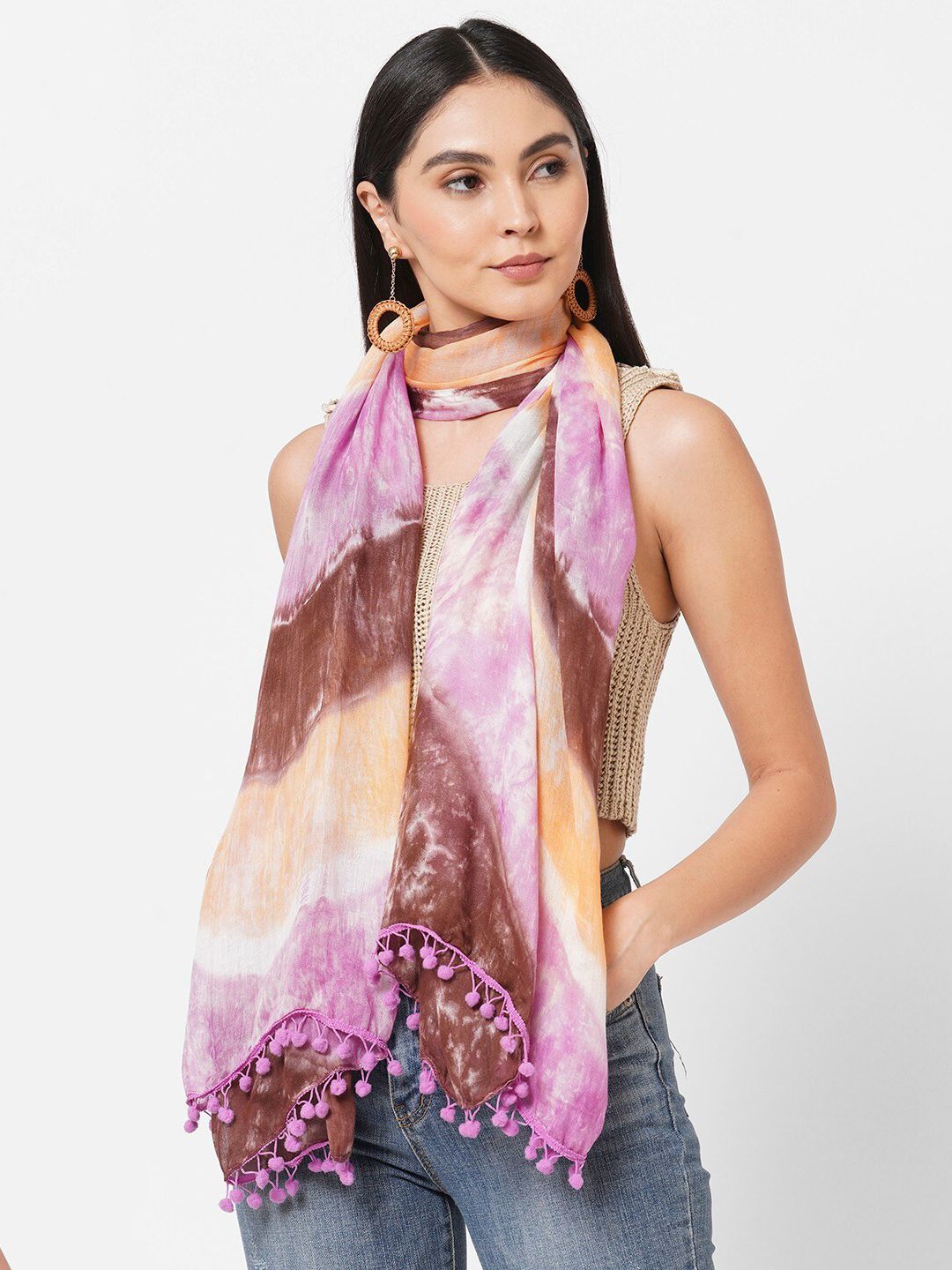 Get Wrapped Women Pink & Brown Tie & Dye Printed Scarf with Pom Pom Price in India