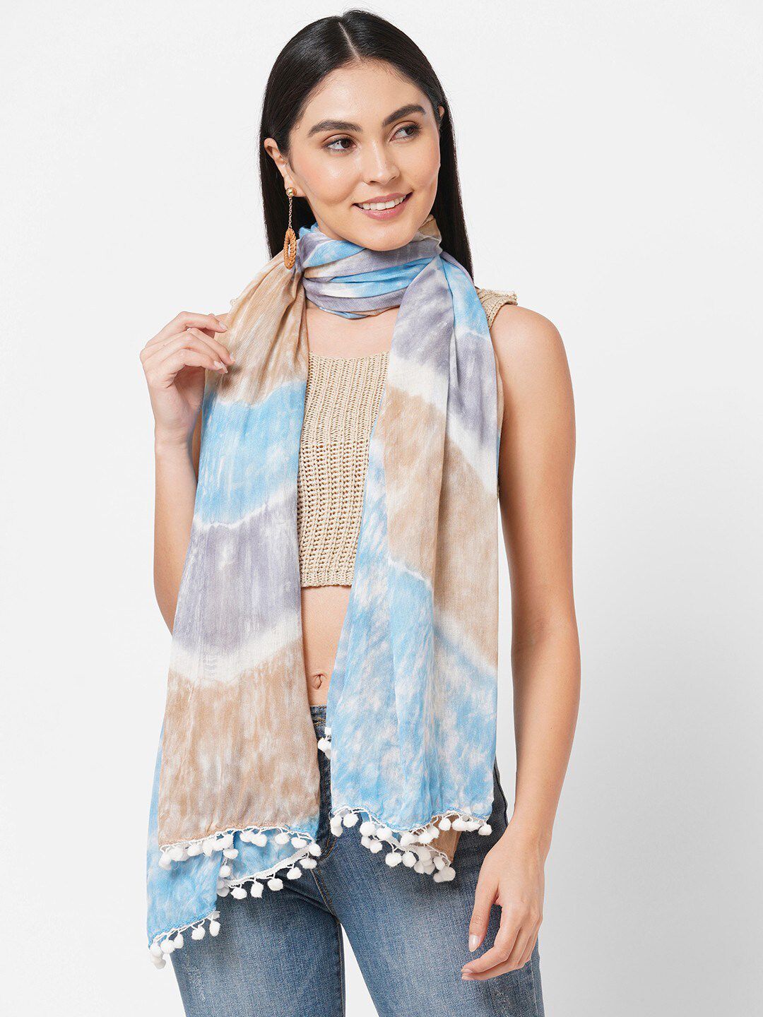 Get Wrapped Women Purple & Blue Tie-Dye Scarf with Poms Price in India