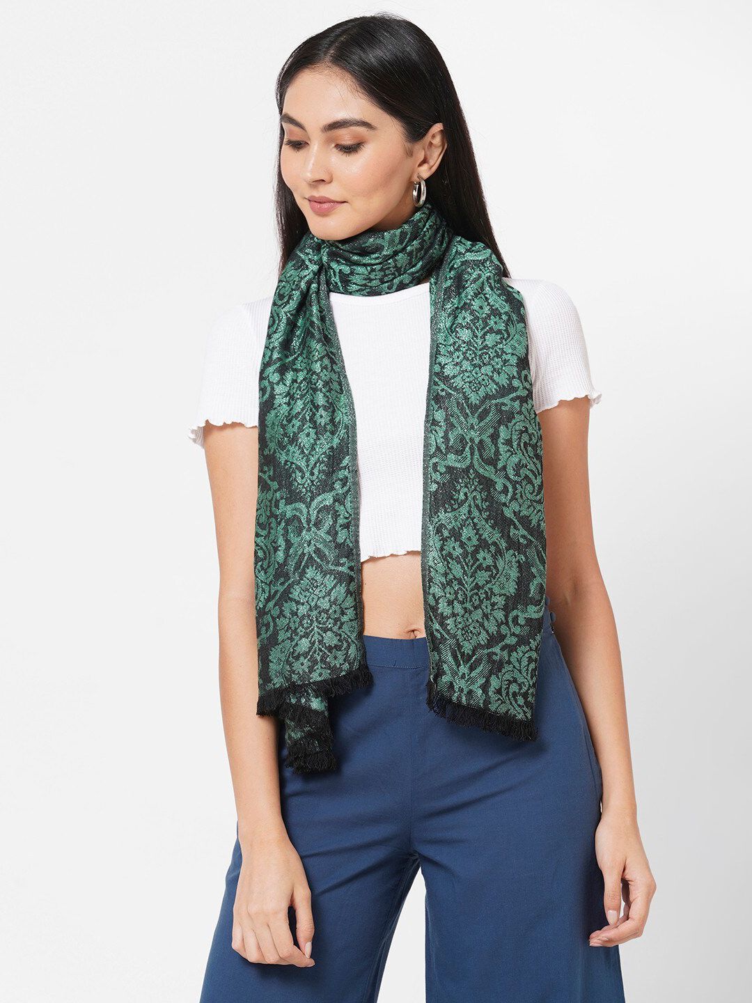 Get Wrapped Women Green & Black Jacquard Scarf Price in India