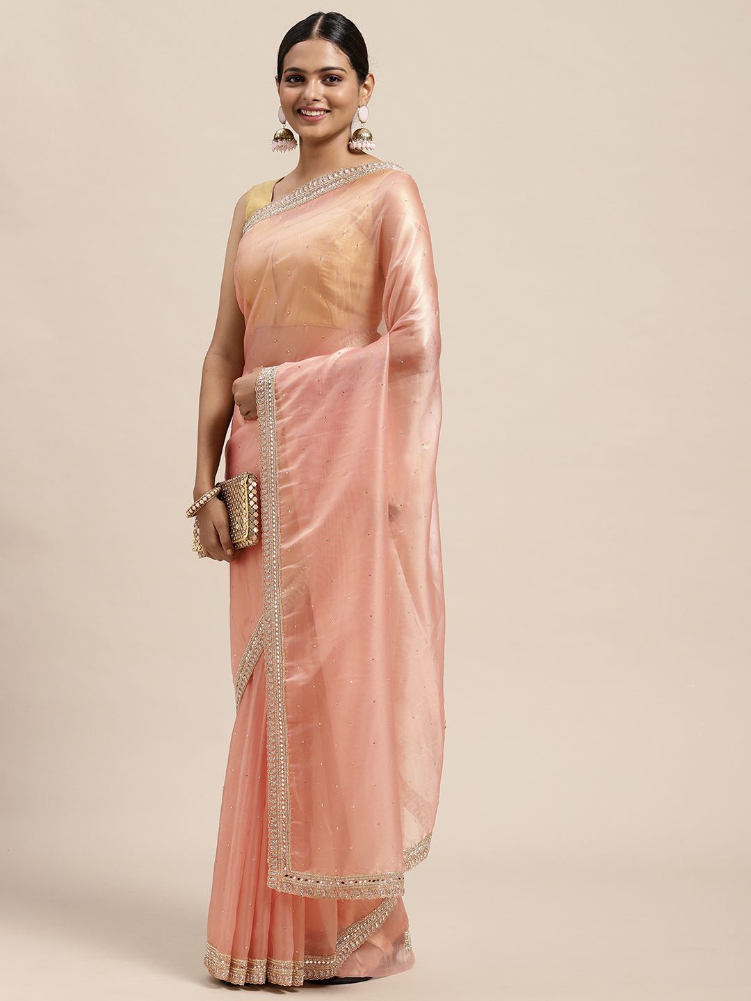 MOHEY Pink Embellished Beads and Stones Saree Price in India