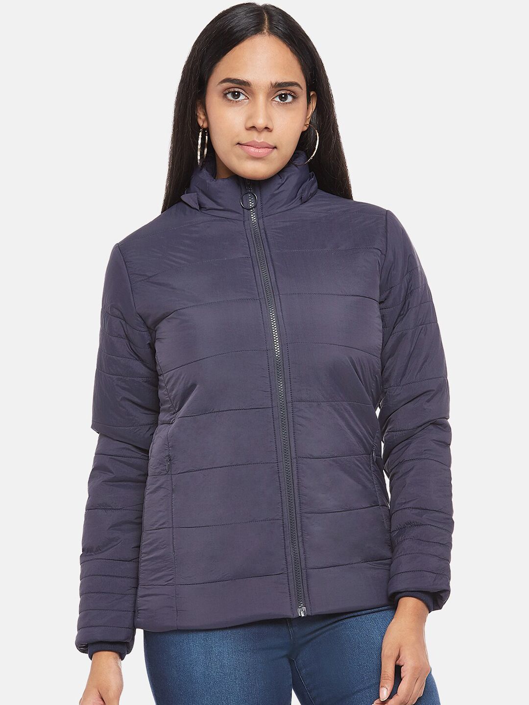 People Women Navy Blue Puffer Jacket Price in India