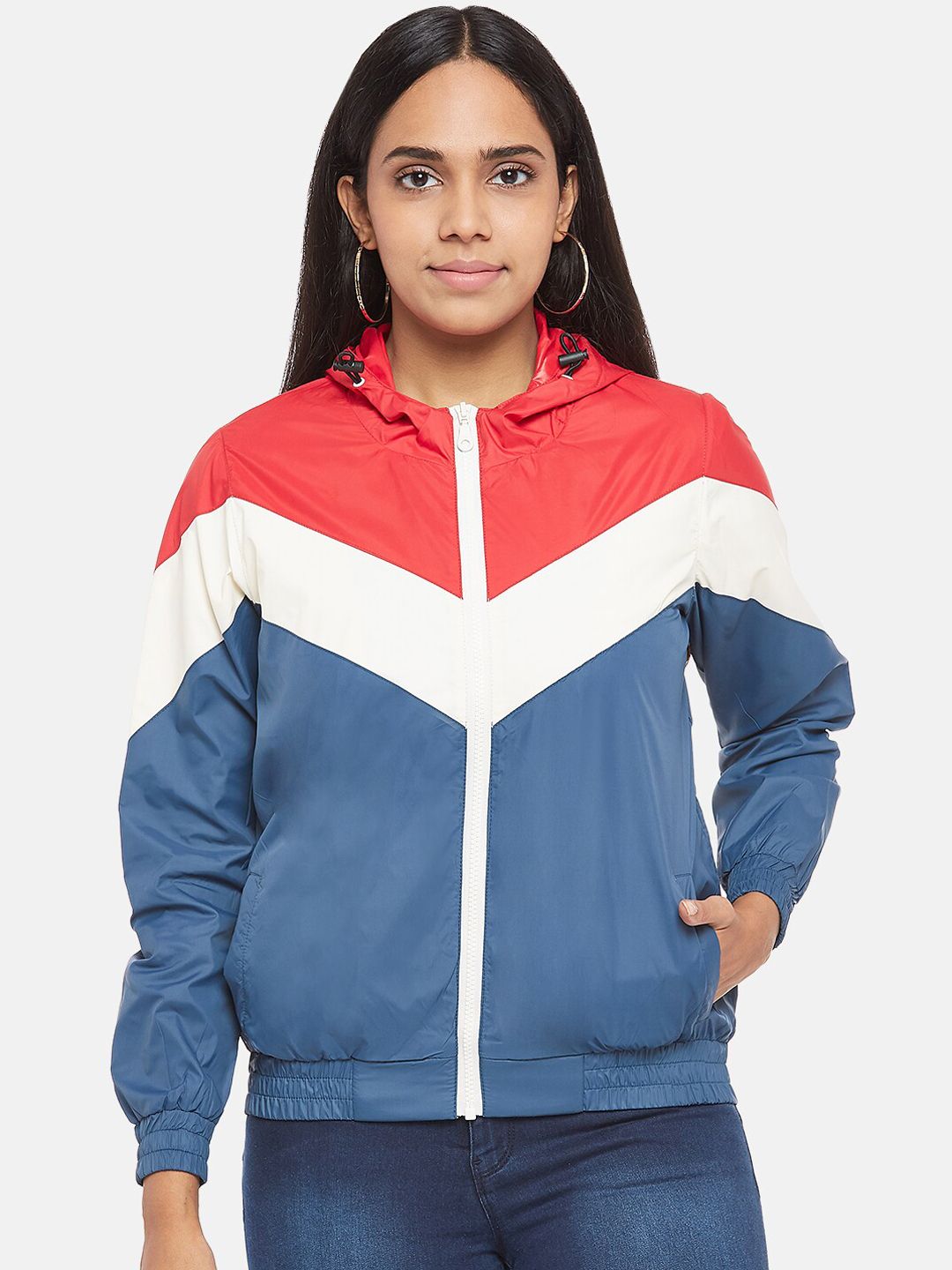 People Women Blue & Red Colourblocked Sporty Jacket Price in India