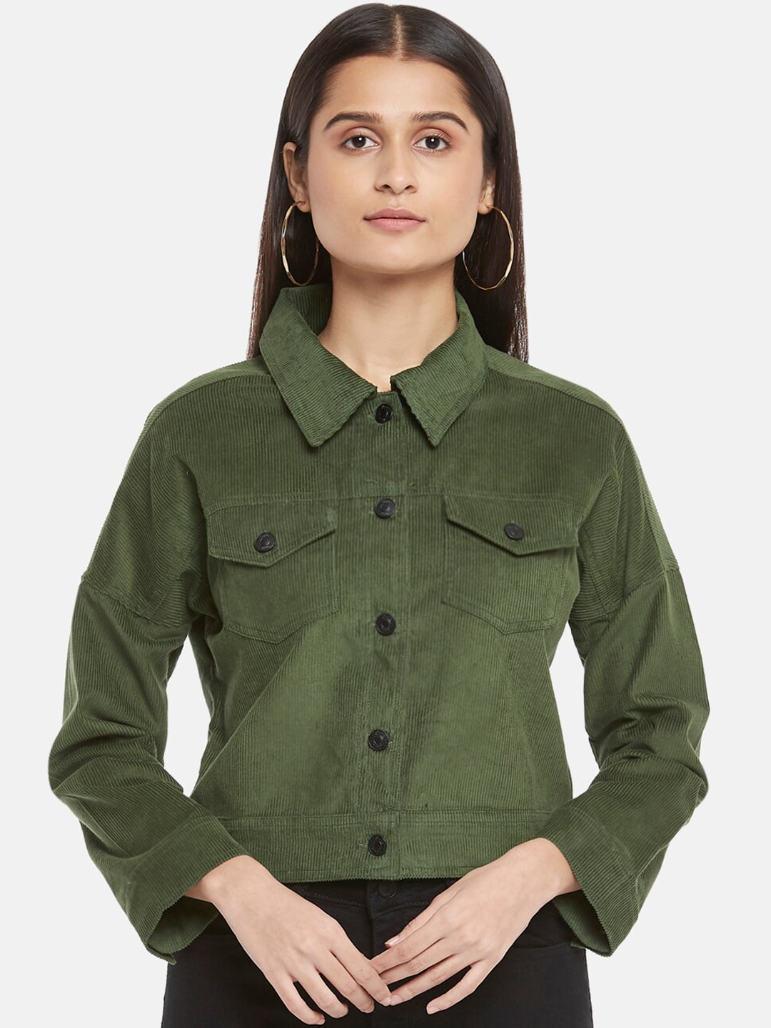 People Women Olive Green Denim Jacket Price in India