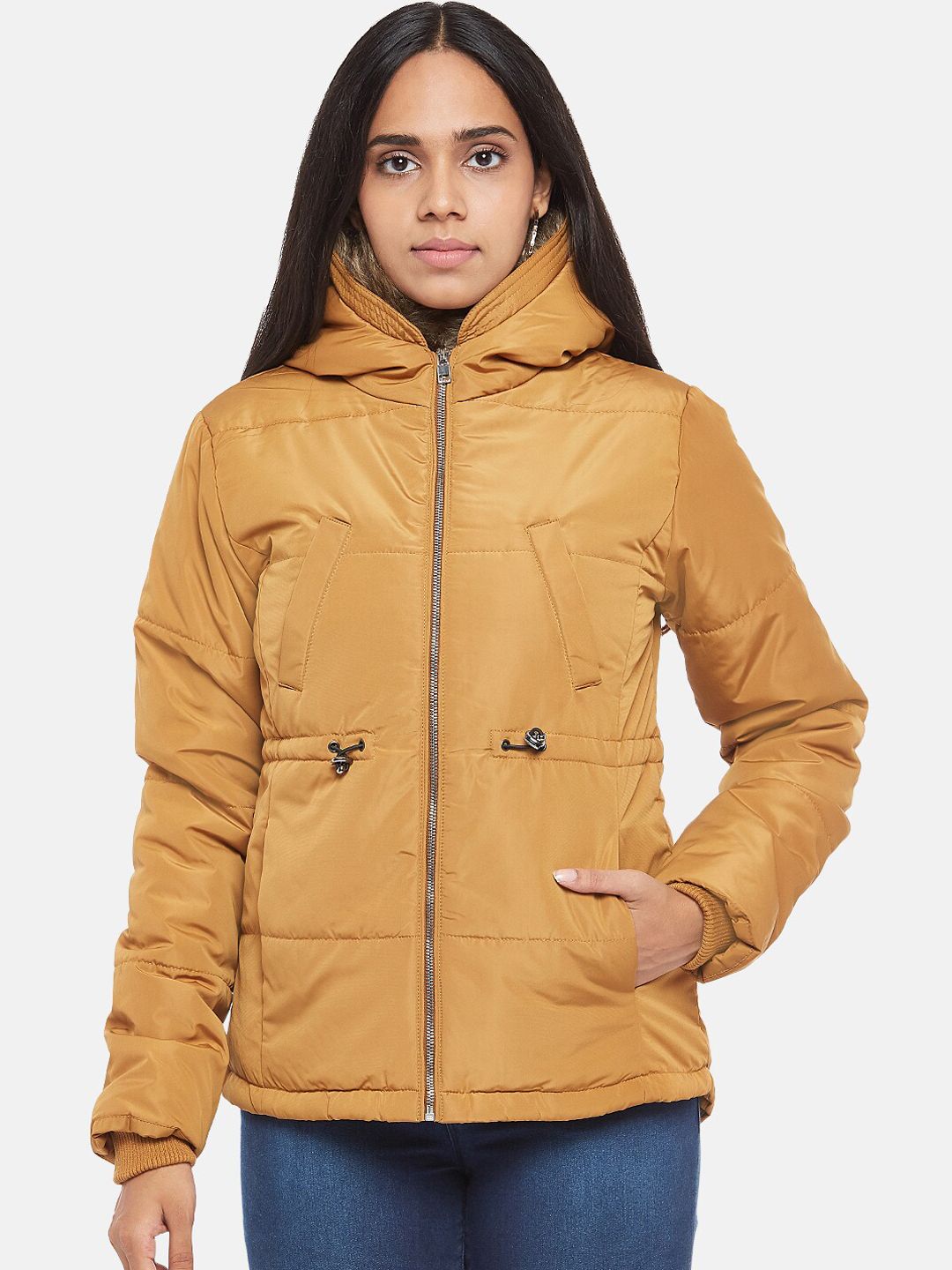 People Women Mustard Yellow Open Front Jacket Price in India