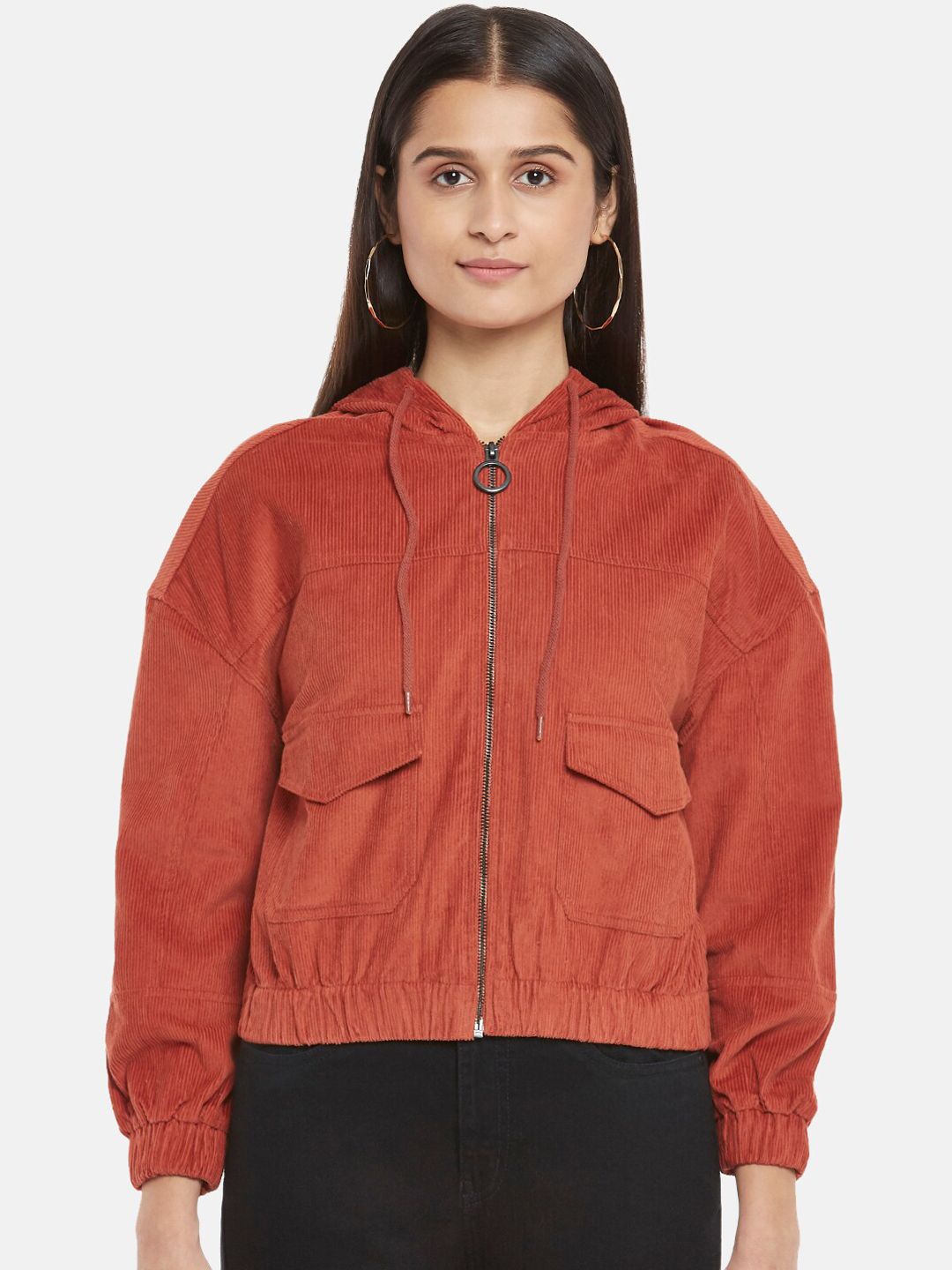People Women Rust Crop Bomber Pure Cotton Jacket Price in India