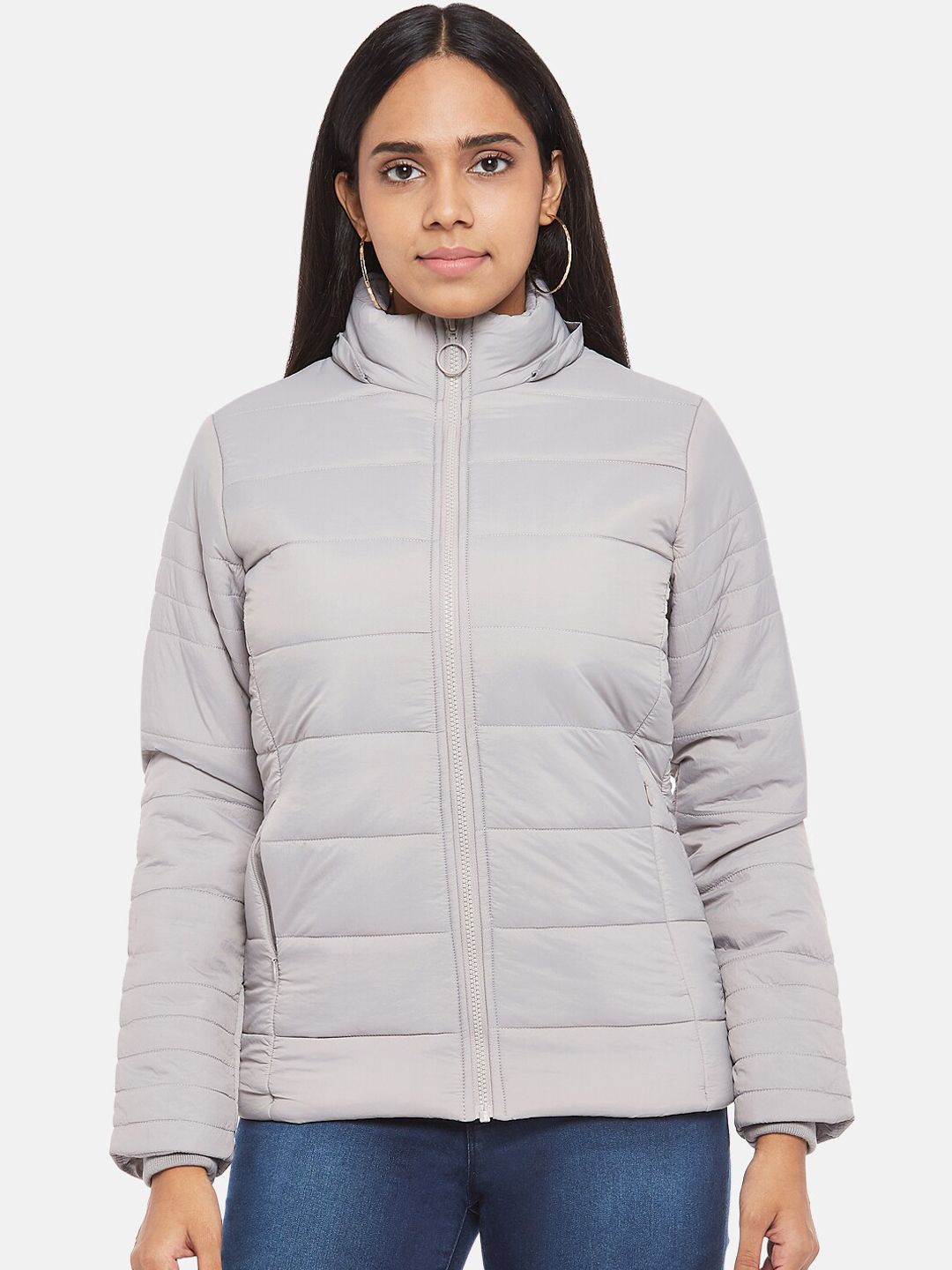 People Women Grey Solid Padded Jacket Price in India