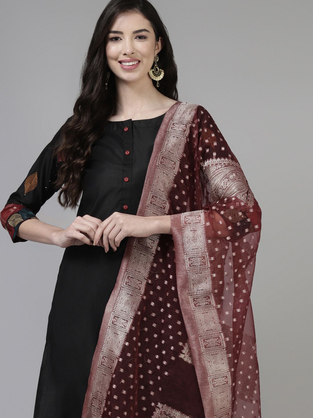Indo Era Women Black Embroidered Thread Work Kurta with Palazzos & With Dupatta