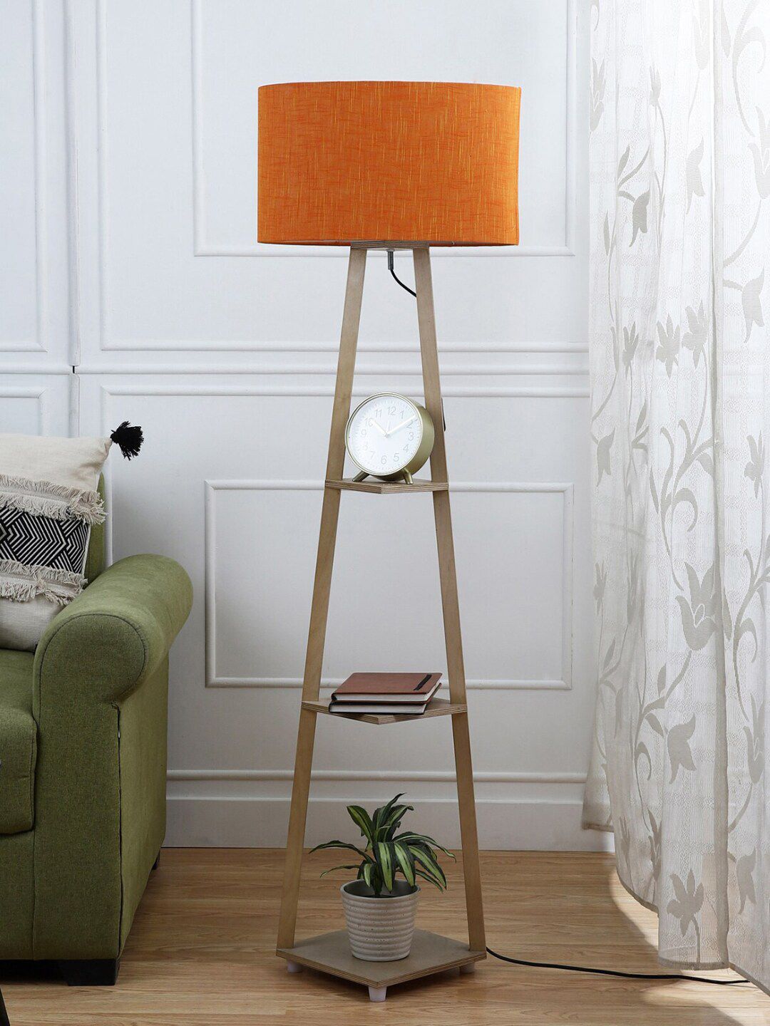SANDED EDGE Brown Lamp With 3 Tier Shelf Space With Spherical Shape Shade Price in India