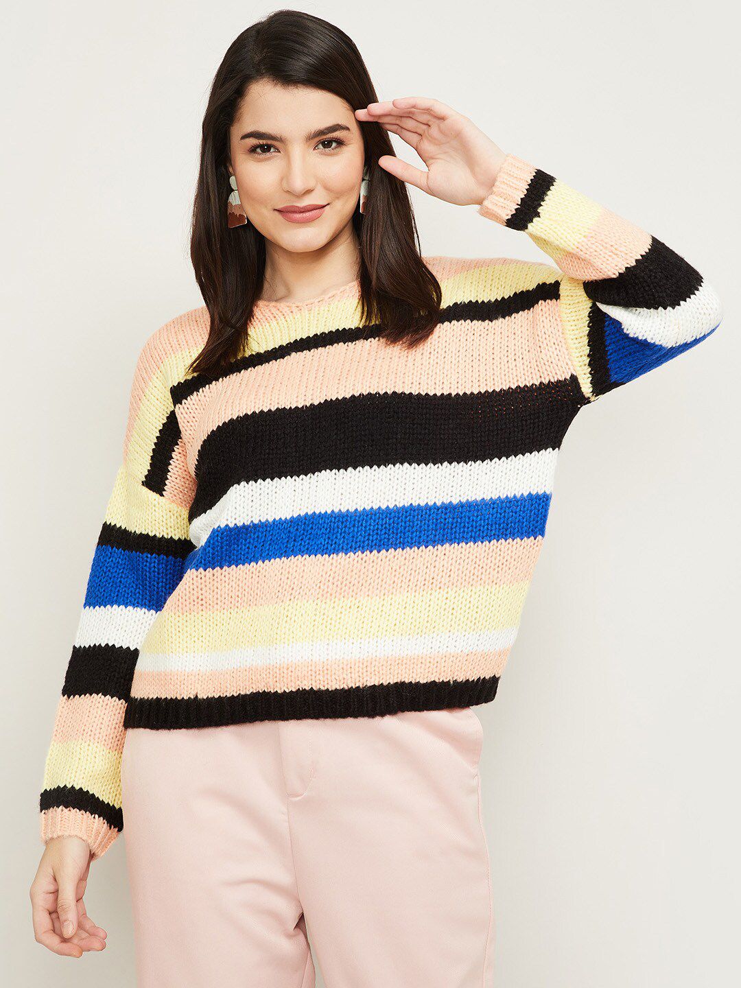 Ginger by Lifestyle Women Peach-Coloured & Black Striped Acrylic Pullover Price in India