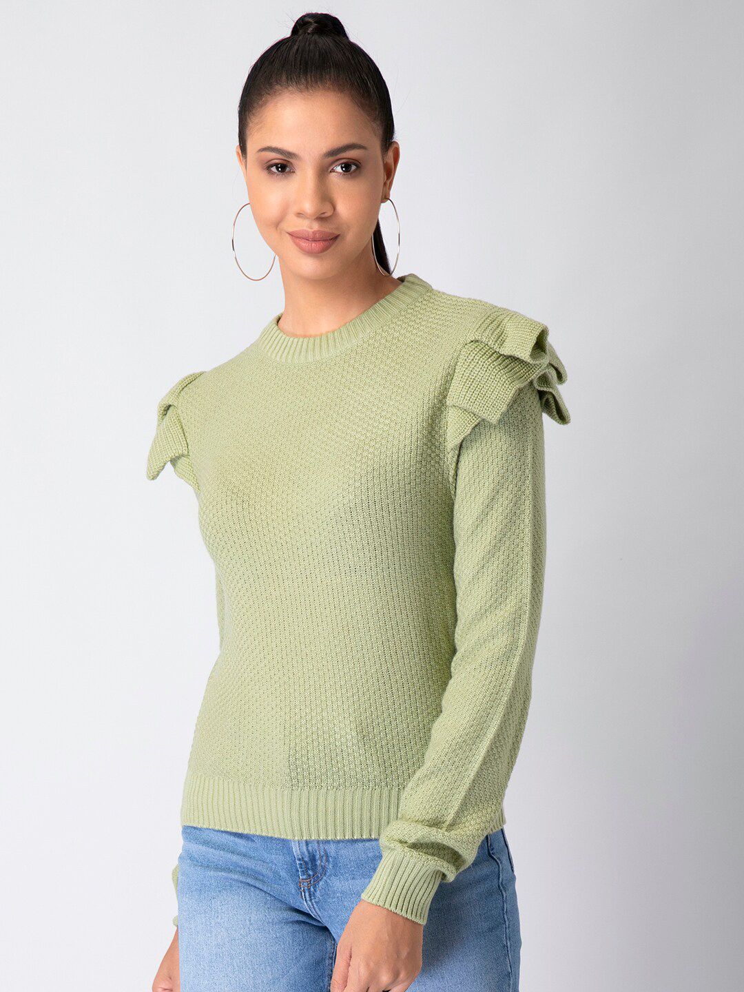 FabAlley Women Green Ruffled Pullover Price in India