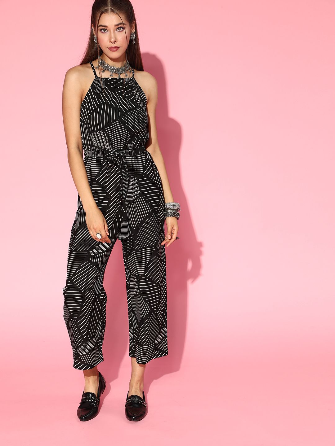 AHIKA Women Black Striped Cropped Jumpsuit Price in India