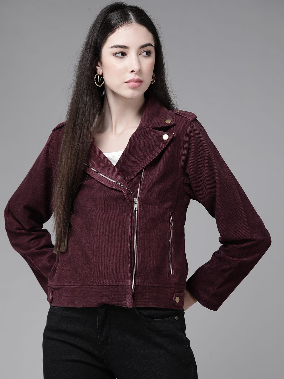 The Dry State Women Burgundy Corduroy Open Front Jacket Price in India