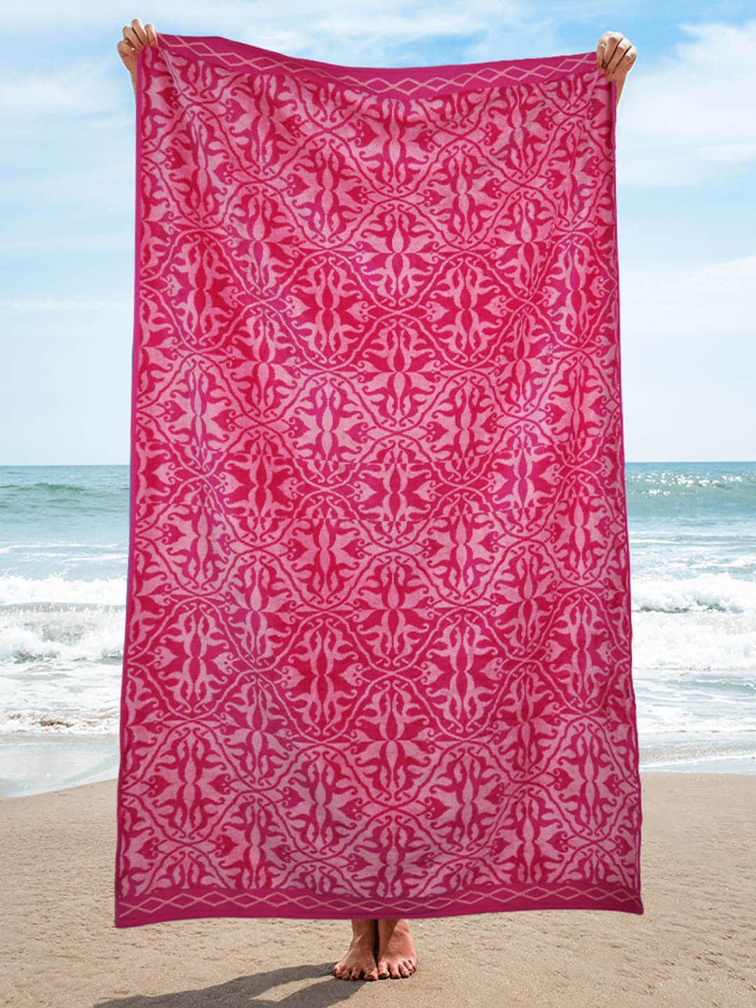 Trident Pink Printed Pure Cotton Beach Towel Price in India