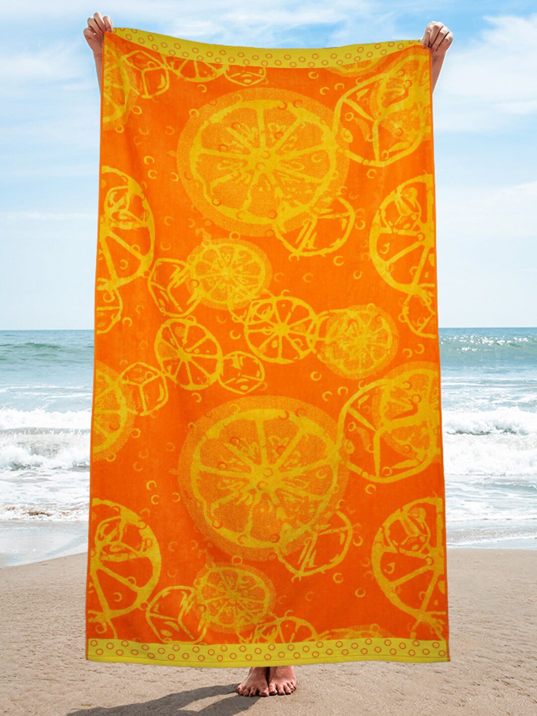 Trident Orange & Yellow Printed 450 GSM Pure Cotton Beach Towel Price in India