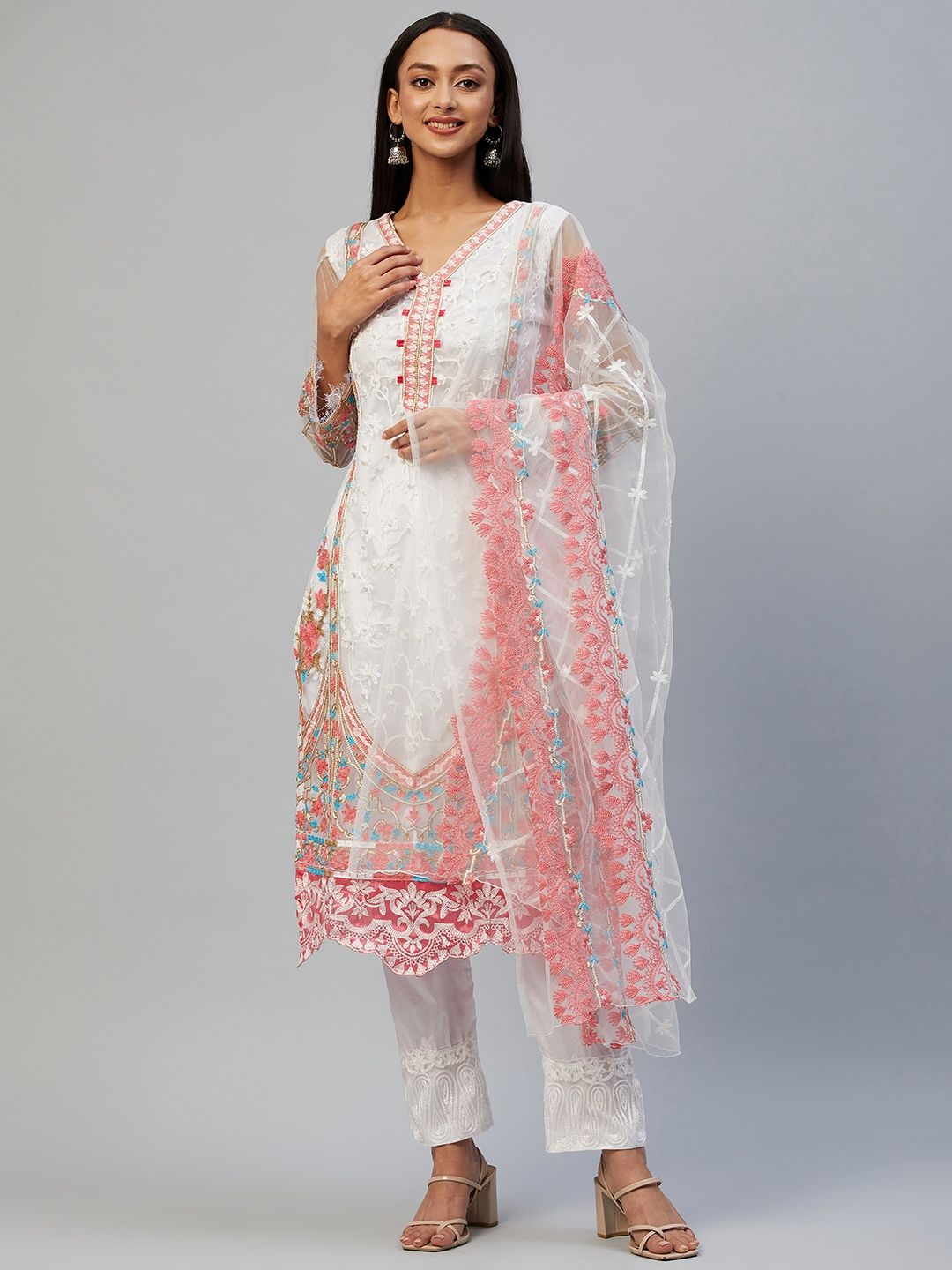 Readiprint Fashions White Embroidered Unstitched Dress Material Price in India