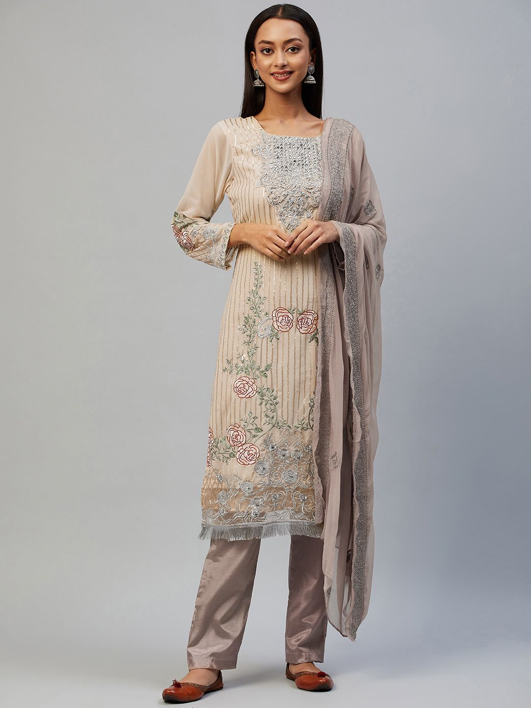 Readiprint Fashions Cream-Coloured & Beige Embroidered Unstitched Dress Material Price in India