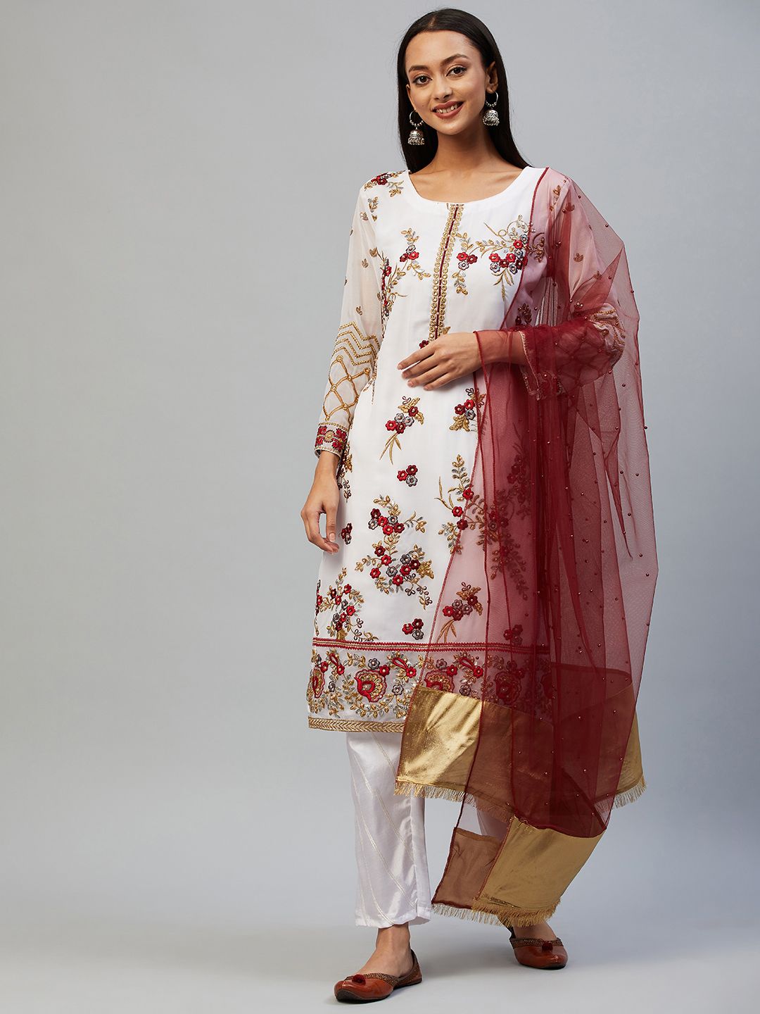 Readiprint Fashions Peach-Coloured & Off White Embroidered Unstitched Dress Material Price in India