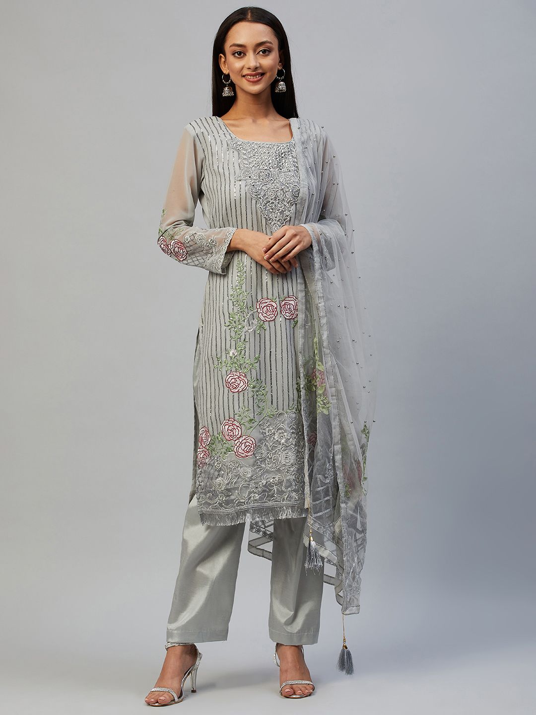 Readiprint Fashions Grey Embroidered Unstitched Dress Material Price in India