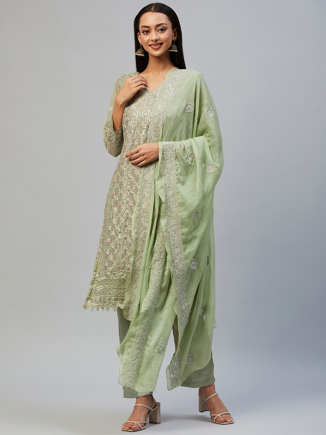 Readiprint Fashions Green & Olive Green Embroidered Unstitched Dress Material Price in India