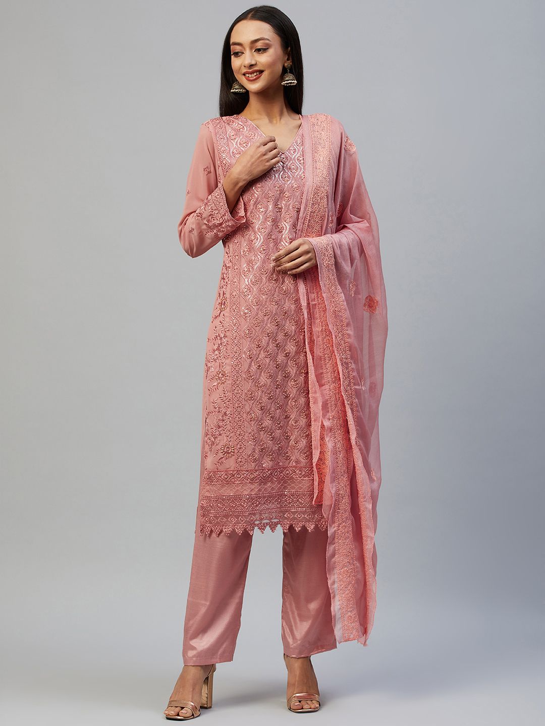 Readiprint Fashions Peach-Coloured Embroidered Unstitched Dress Material Price in India