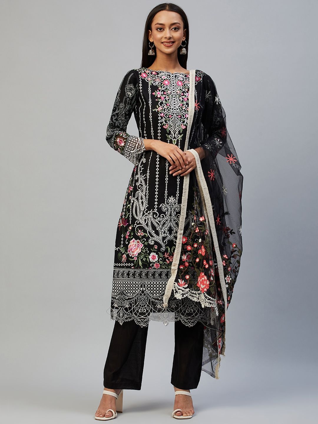 Readiprint Fashions Black Embroidered Pure Cotton Unstitched Dress Material Price in India