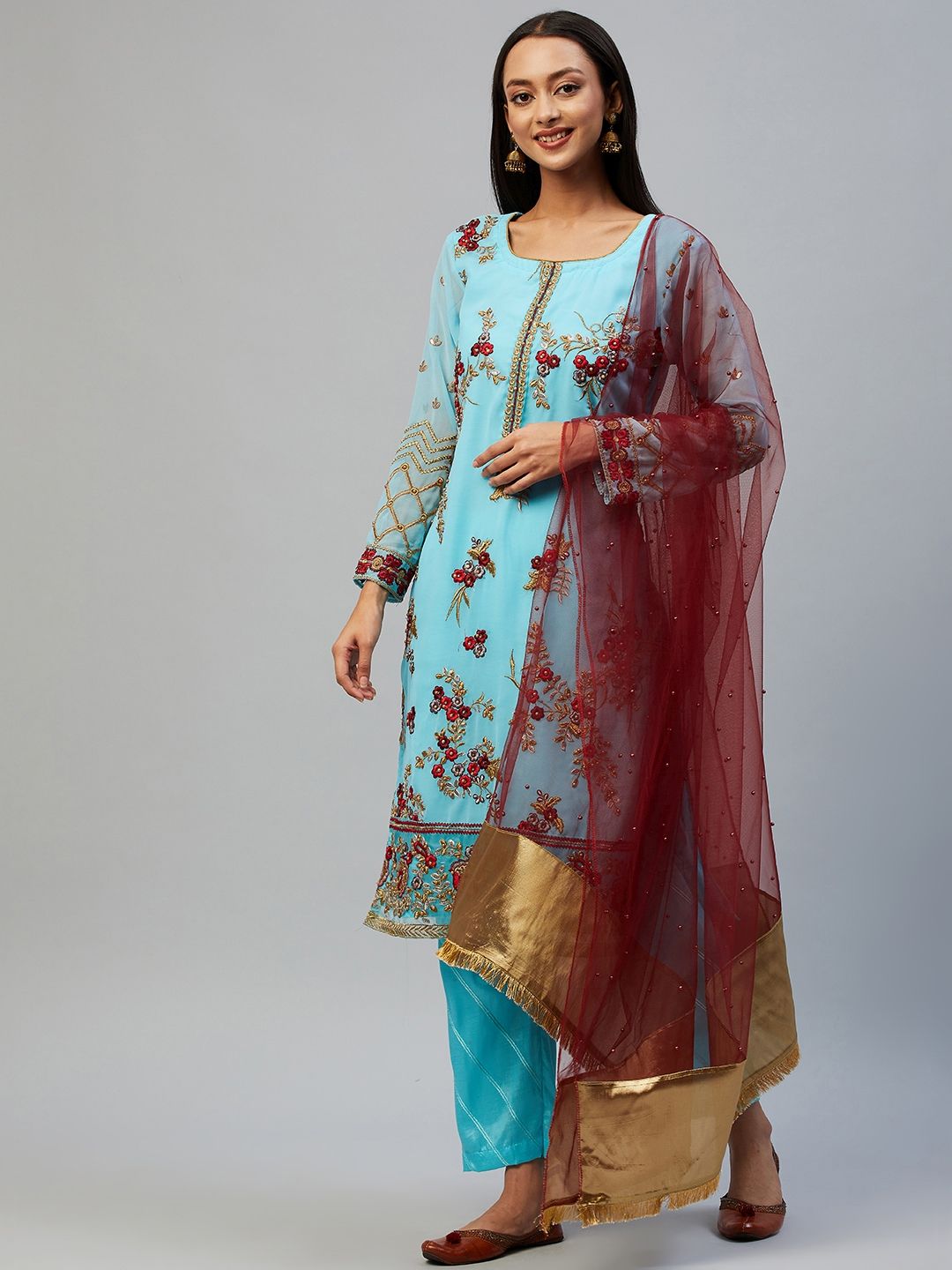 Readiprint Fashions Blue & Turquoise Blue Embroidered Unstitched Dress Material Price in India