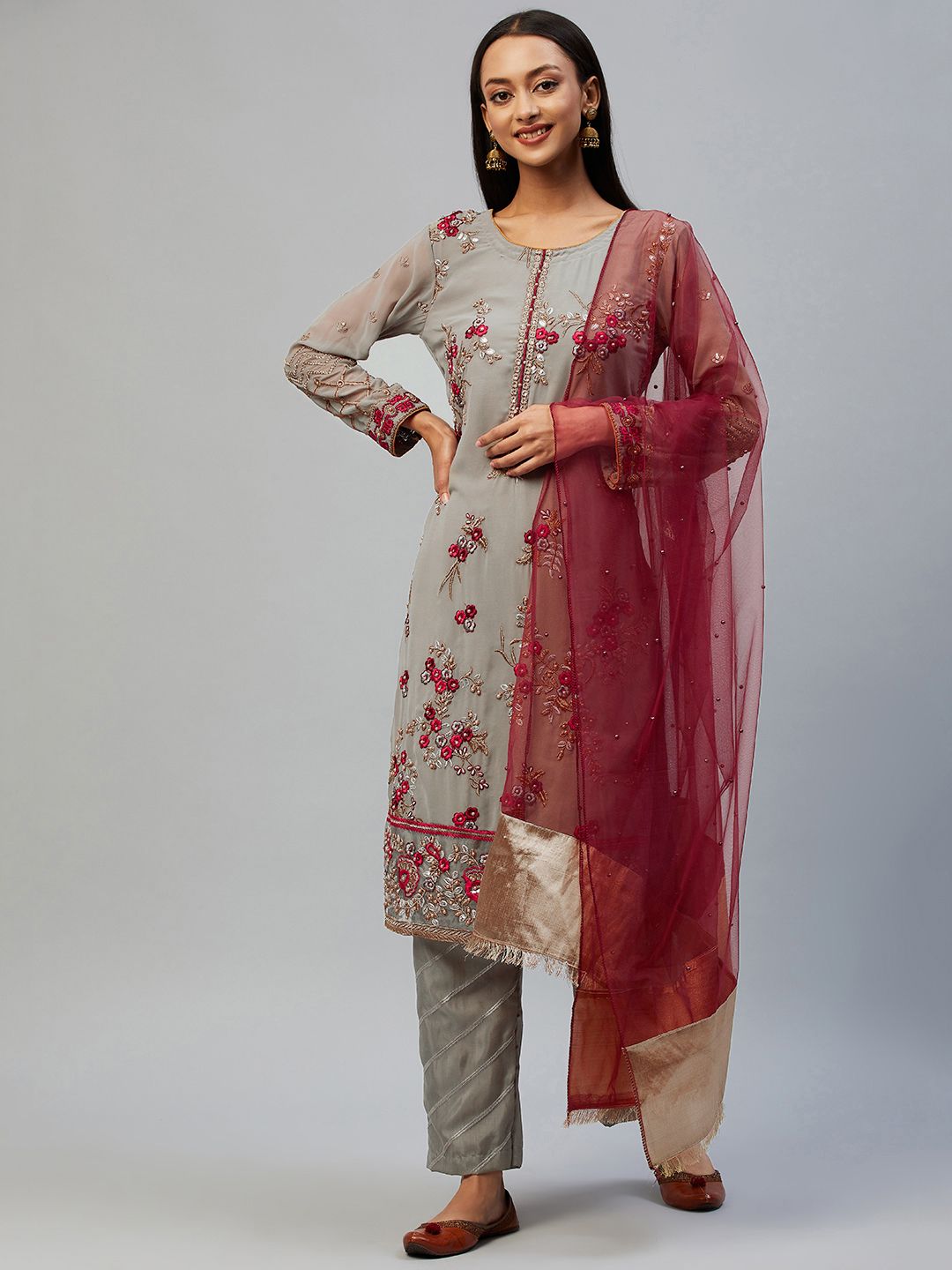 Readiprint Fashions Grey & Maroon Embroidered Unstitched Dress Material Price in India