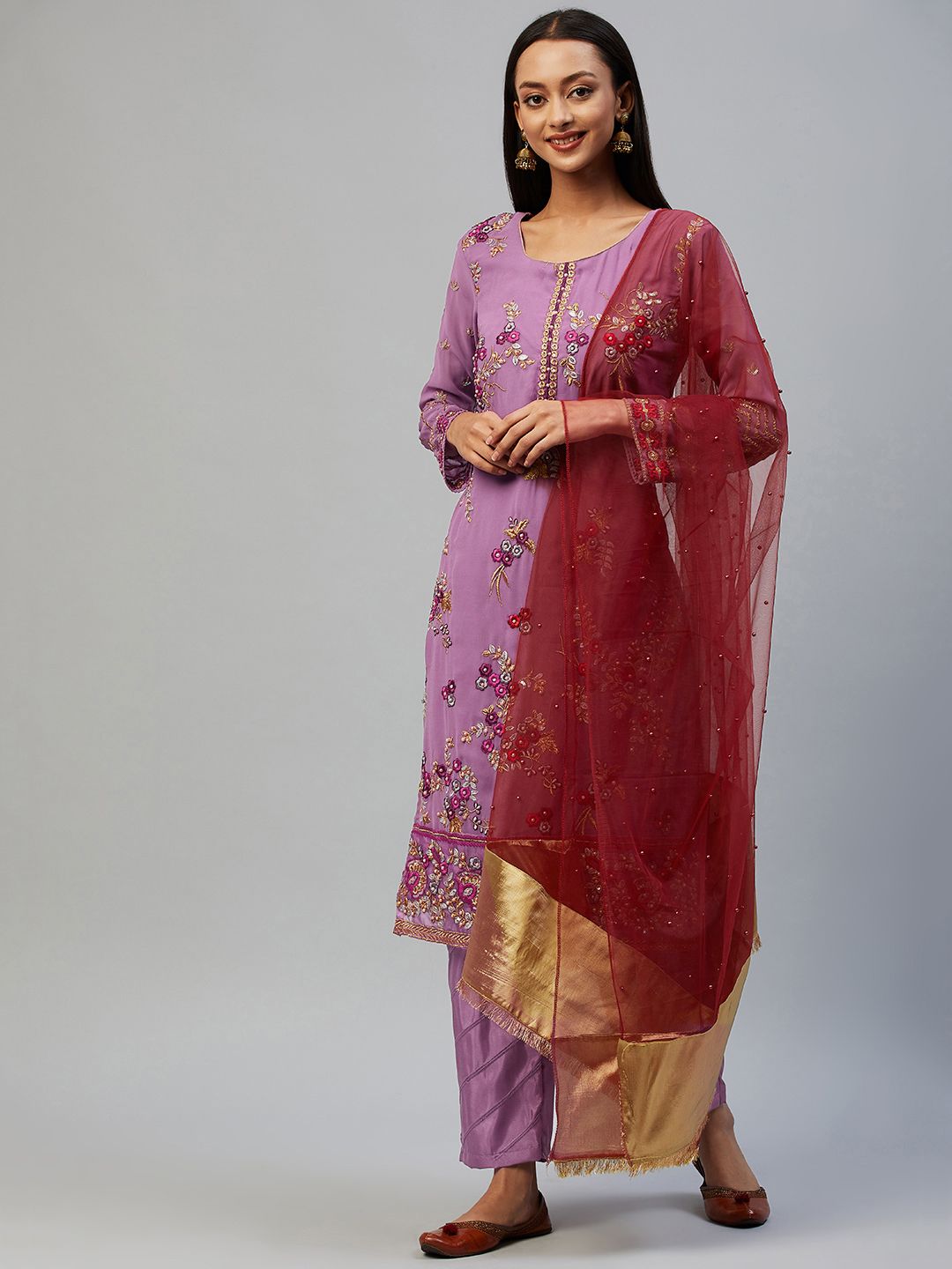 Readiprint Fashions Purple & Maroon Embroidered Unstitched Dress Material Price in India