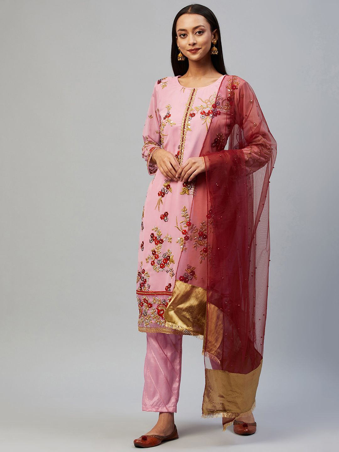 Readiprint Fashions Pink & Maroon Embroidered Unstitched Dress Material Price in India