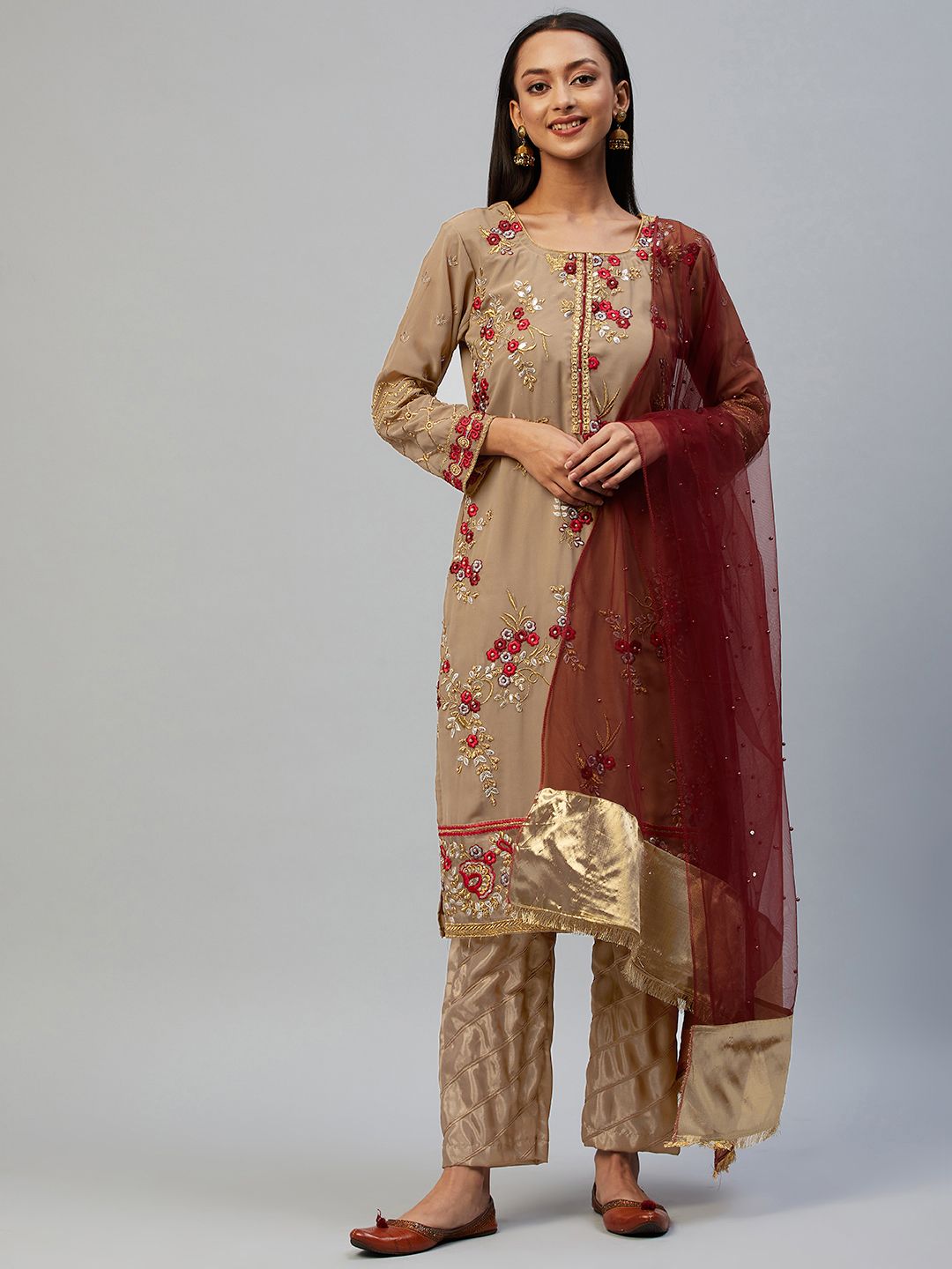 Readiprint Fashions Gold-Toned & Maroon Embroidered Unstitched Dress Material Price in India