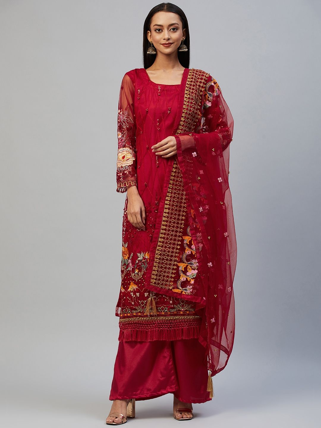 Readiprint Fashions Red Embroidered Unstitched Dress Material Price in India