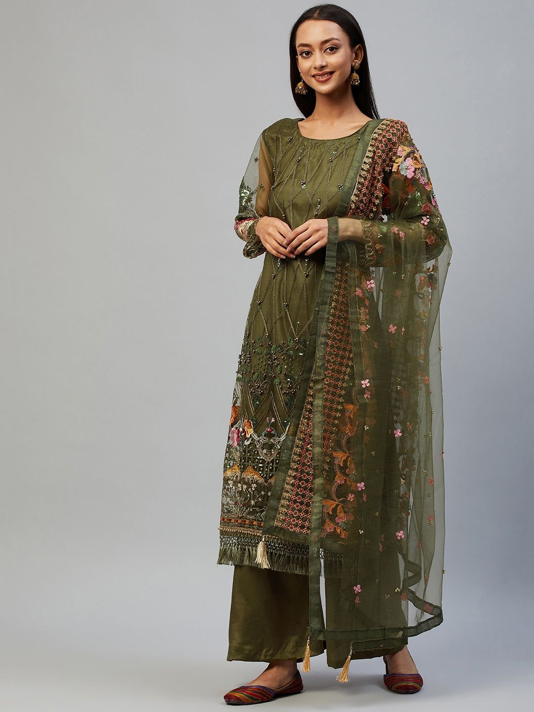 Readiprint Fashions Green & Olive Green Embroidered Unstitched Dress Material Price in India