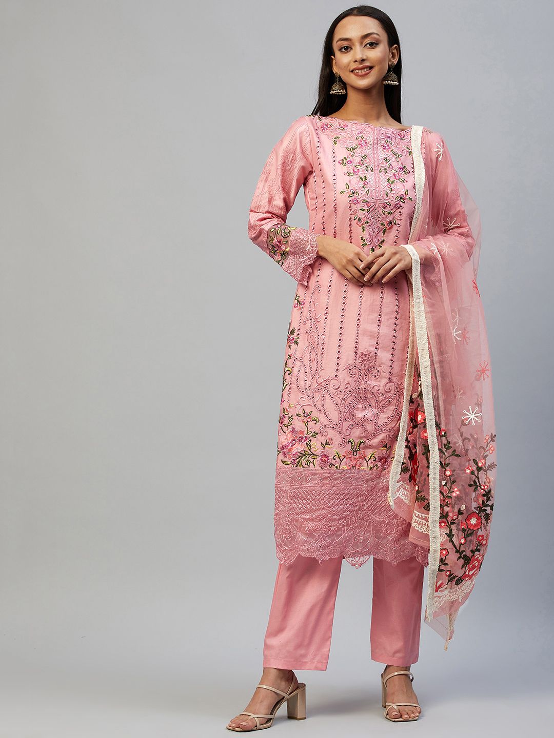 Readiprint Fashions Pink Embroidered Pure Cotton Unstitched Dress Material Price in India