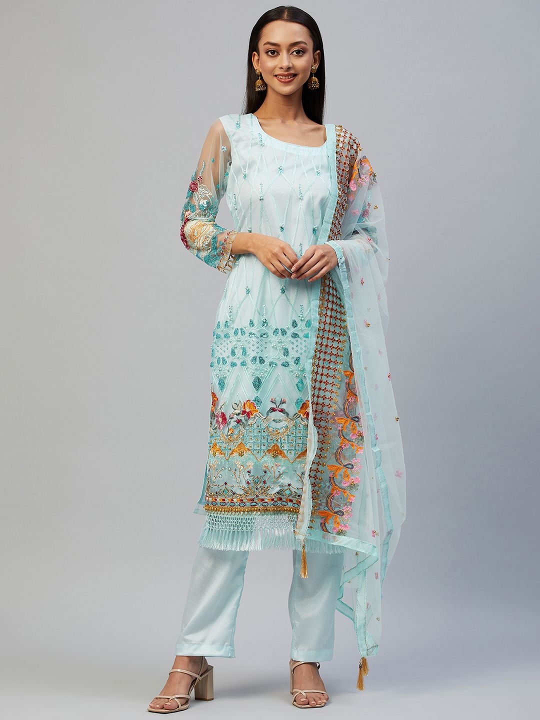 Readiprint Fashions Blue & Turquoise Blue Embroidered Unstitched Dress Material Price in India