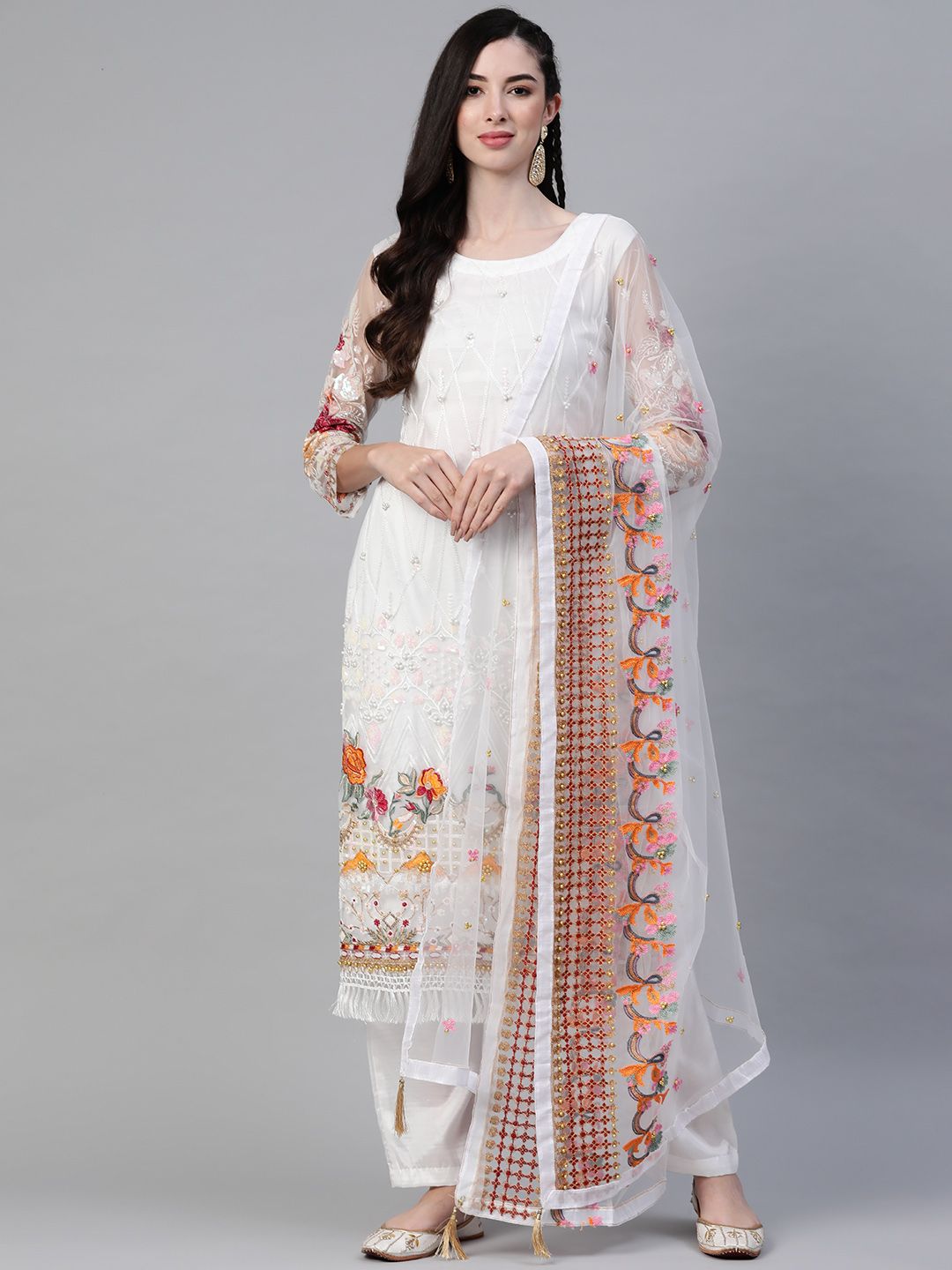 Readiprint Fashions White Floral Embroidered Unstitched Dress Material Price in India