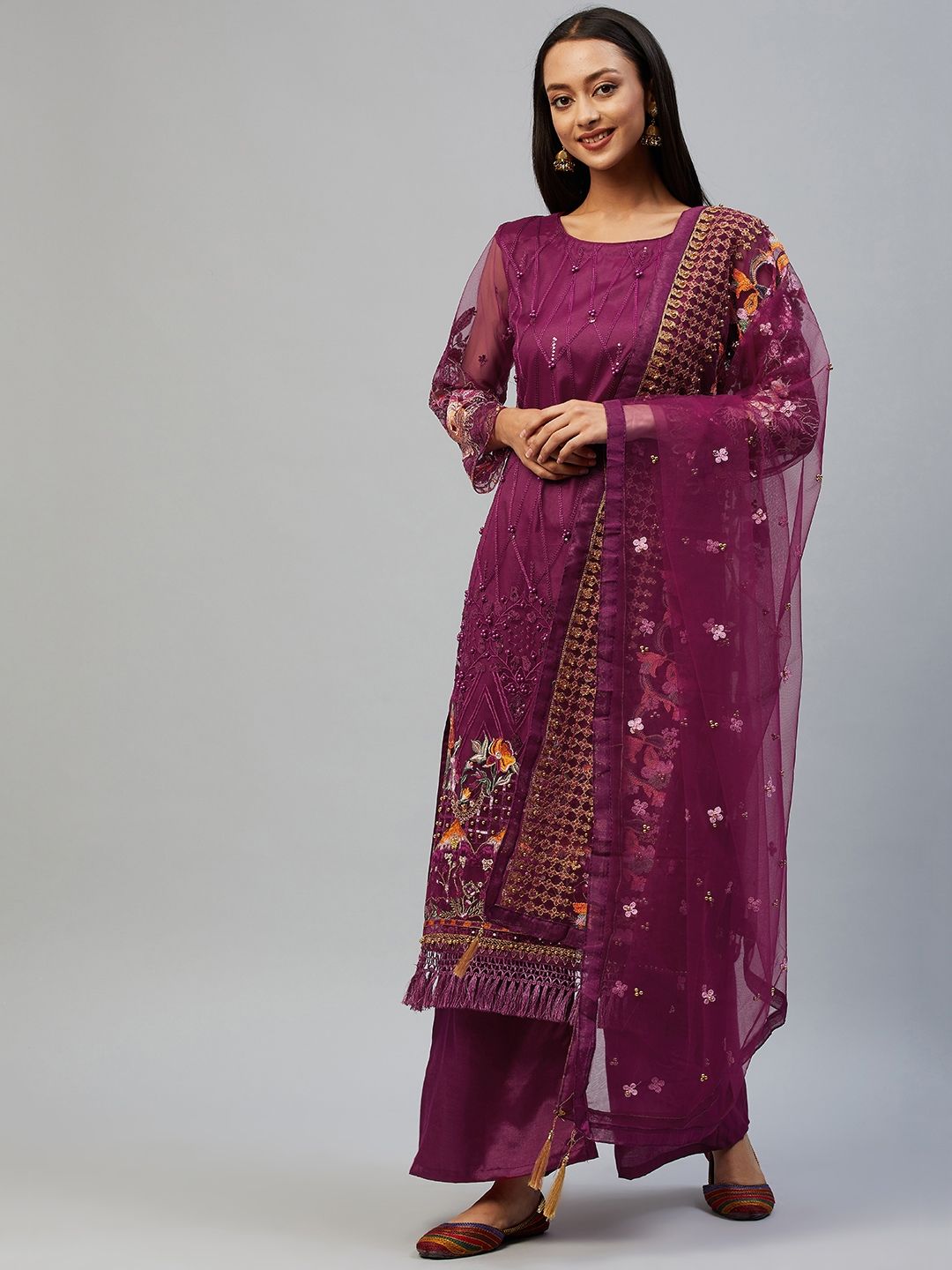 Readiprint Fashions Purple Embroidered Unstitched Dress Material Price in India