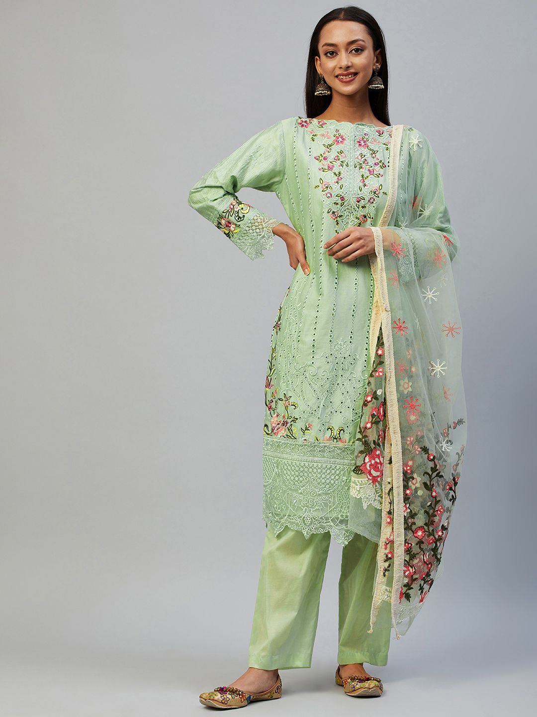 Readiprint Fashions Green & Lime Green Embroidered Pure Cotton Unstitched Dress Material Price in India